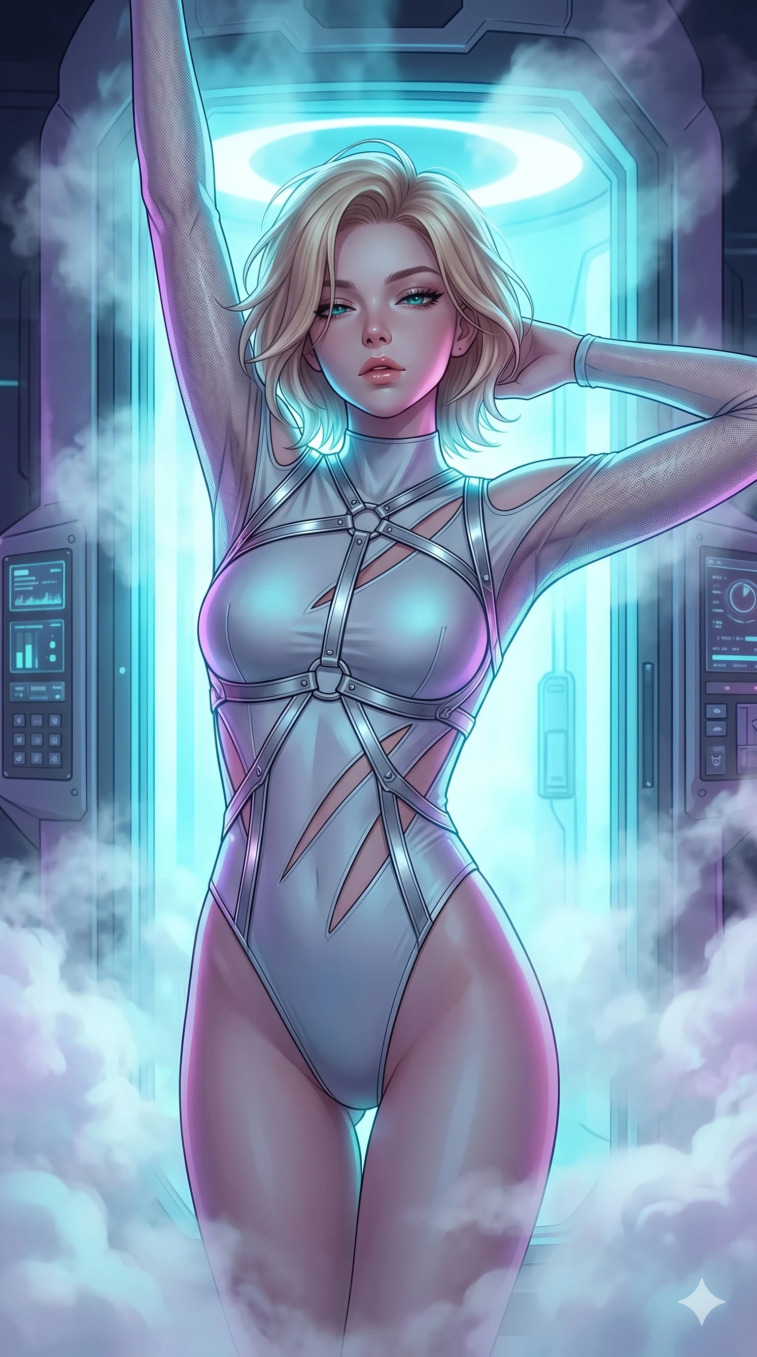 score_9, masterpiece, best quality, ultra-detailed, high-budget anime keyframe, editorial fashion photography, tasteful artistic composition, Caucasian woman, strictly human ears. Upper body close-up from the thighs up, character filling the screen for maximum presence. She is stepping out of a glowing cryo-chamber filled with evaporating white volumetric steam. She stretches her arms with a sultry, waking-up expression. She has an absolutely perfect 8-heads proportion, an exceptionally tall and slender female figure with impossibly long slender legs and an ultra-slim waist. V-shaped jawline, high-bridge nose, intricate jewel-like eyes with depth, thick eyelashes, glossy lips with a natural sheen. She is wearing an ultra-sleek high-cut tech-bodysuit featuring dangerous diagonal slitted cutouts on the midriff and shoulders, reinforced by a metallic silver harness and sheer mesh sleeves. The scene is illuminated by intense cyan backlighting from the chamber and a warm white key light. 2k, ultra detail, master piece, 9:16 ratio