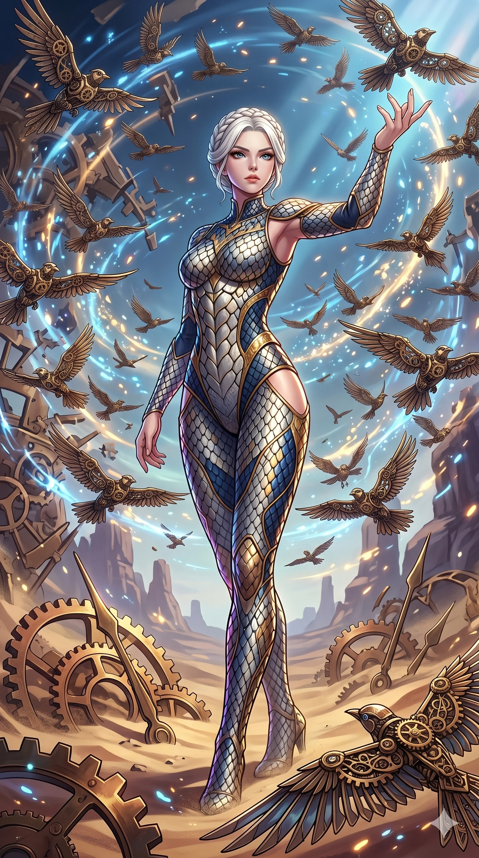 score_9, masterpiece, best quality, ultra-detailed, Set A: High-budget Anime Keyframe, Japanese woman. Low angle cowboy shot filling the entire 9:16 frame with her statuesque presence. Standing victoriously through a clockwork desert, surrounded by a whirlwind of 242 mechanical birds and surrounded by glowing energy sparks. She has an well-proportioned figure, an tall and elegant figure with elegant legs and an graceful posture. Sharp v-shaped jawline, high-bridge nose, intricate jewel-like eyes with depth, thick eyelashes, glossy lips with a natural sheen. Wearing Dragon-scale patterned bodysuit with a high-neck and strategic hip cut-outs. Cinematic lighting, vibrant colors, dramatic shadows, 2k, ultra detail, master piece, 9:16 ratio