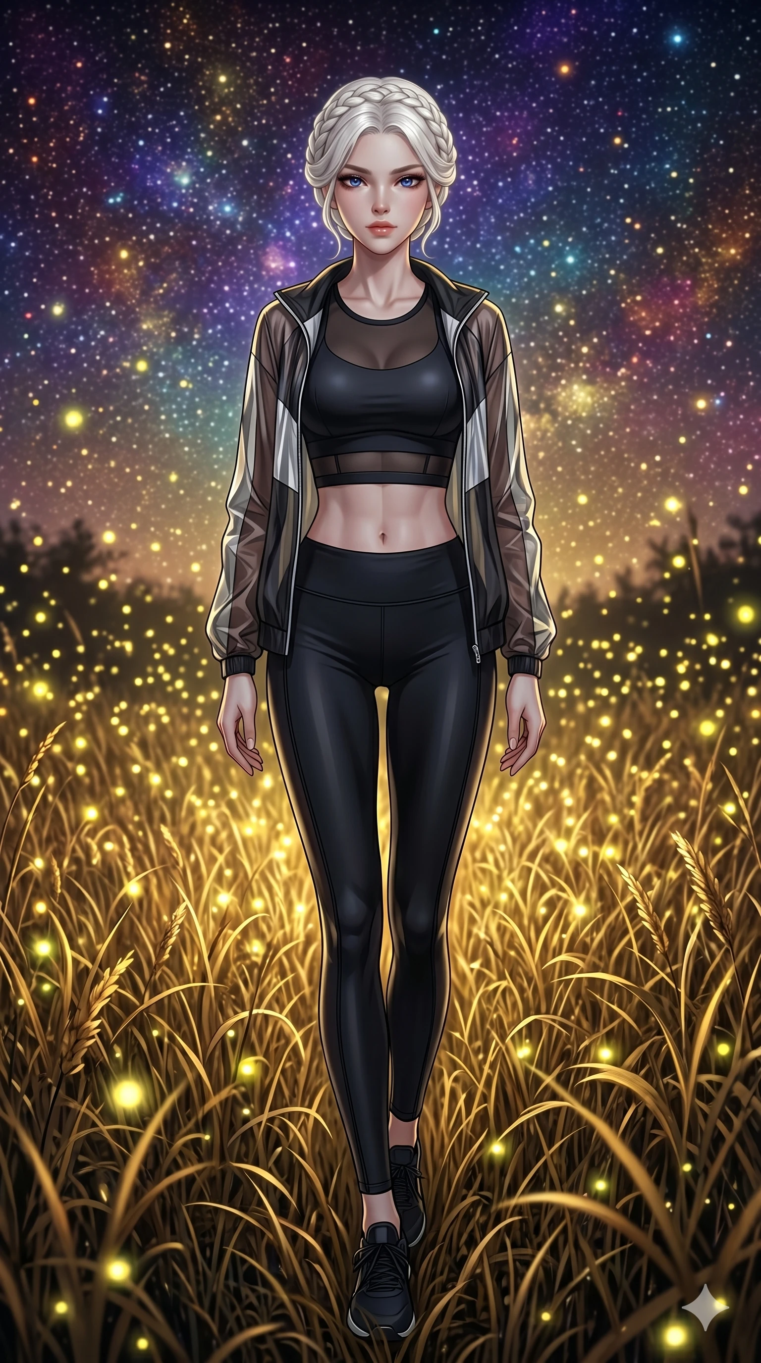 score_9, masterpiece, best quality, ultra-detailed, Set C: High-budget Anime Keyframe, Korean woman. Low angle cowboy shot filling the entire 9:16 frame with her statuesque presence. Walking through a field of tall grass that glows with fireflies. She has an absolutely perfect 8-heads proportion, an exceptionally tall and slender female figure with elegant long slender legs and an slender waist. Sharp v-shaped jawline, high-bridge nose, intricate jewel-like eyes with depth, thick eyelashes, glossy lips. Wearing a Premium Athleisure outfit: sleek activewear with a sheer windbreaker and athletic midsection. Background is a bright and colorful meadow with thousands of yellow lights and a vibrant starry sky. 2k, ultra detail, master piece, 9:16 ratio