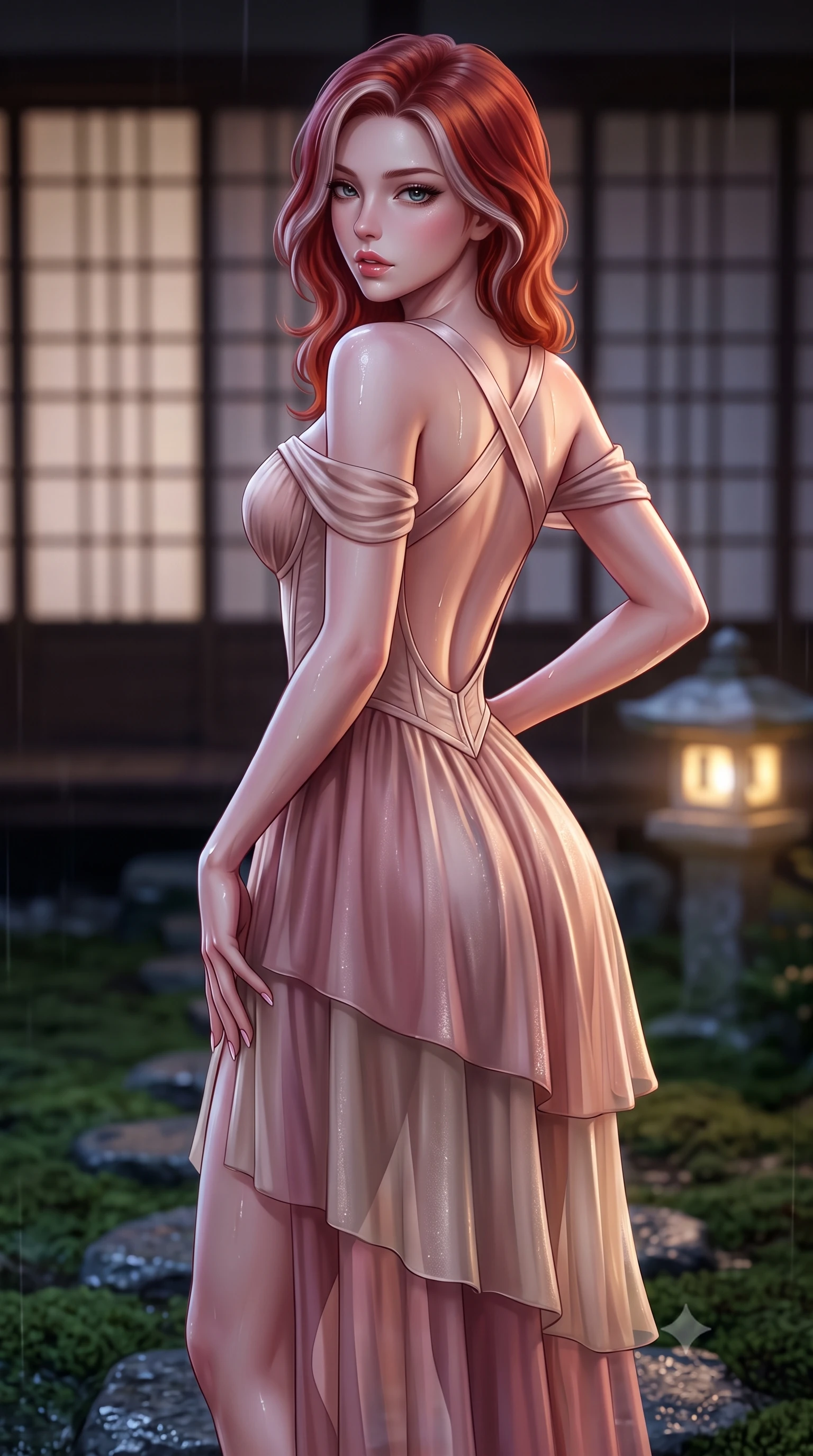 score_9, masterpiece, best quality, ultra-detailed, high-budget anime keyframe, semi-realistic 3D game render, editorial fashion photography, tasteful artistic composition, Caucasian woman. close-up cowboy shot from the waist and thighs up, the character dominates the composition, filling the frame with her large presence. resting one manicured hand delicately on her hip bone, her upper body turning in a fluid, seductive S-curve while parted lips glisten in the light while standing poised on the stepping stones of the wet moss garden, twisting her upper body in an alluring S-curve in the evening gloom. The composition keeps background elements in soft focus with creamy bokeh. traditional shoji lattice screens and stone lantern glow softened in tranquil nocturnal shallow focus. She has an exceptionally elegant, slender, and willowy female figure with an ultra-slim waist, flat toned midriff, narrow ribcage, and sculpted feminine hips creating an alluring, slim hourglass silhouette without bulk. sharp v-shaped jawline, high-bridge nose, intricate jewel-like eyes with depth, thick eyelashes, glossy parted lips with a natural sheen, intensely captivating and seductive bedroom-eyes expression, flawlessly proportioned anatomical accuracy, strict slender model proportions, natural body alignment, perfectly sculpted long slender limbs, ultra-slim waistline, clean dynamic posture without body distortion. wearing an off-shoulder French court corset bodice dress paired with a tiered translucent chiffon slit skirt in dusky blush rose and champagne shimmer, made of fluid silk crepe with delicate inner corsetry boning, finished with criss-cross back satin straps highlighting her graceful shoulder blades, the dramatically scooped open back descending to the base of her spine, accentuating her razor-sharp statuesque lines and slim hourglass silhouette. illuminated by wet specular highlights accentuating her slender neckline, sculpted waist, and rounded hips. highly saturated vibrant anime colors, detailed shading with soft gradients, rich glossy textures, high-contrast stereoscopic depth, volumetric dynamic lighting, master piece, 9:16 ratio