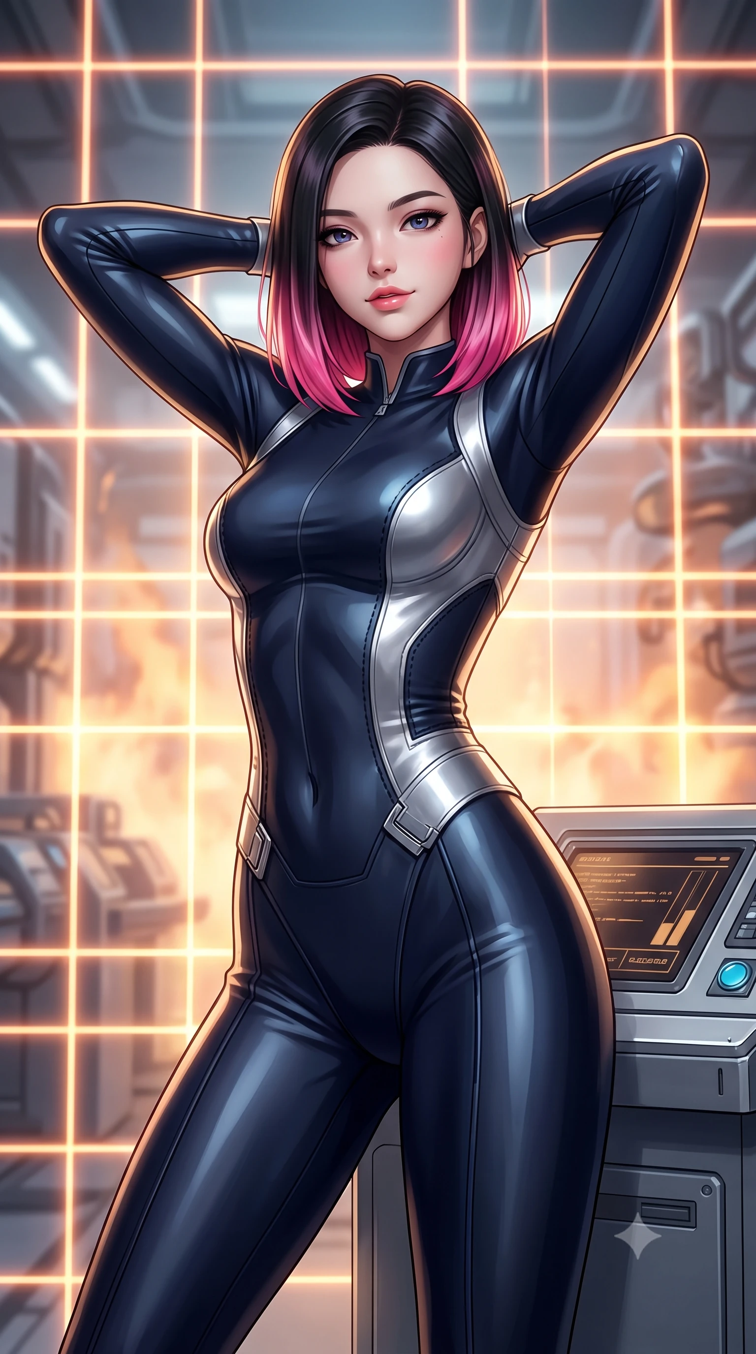 score_9, masterpiece, best quality, ultra-detailed, high-budget anime keyframe, semi-realistic 3D game render, editorial fashion photography, tasteful artistic composition, Korean woman. close-up cowboy shot from the waist and thighs up, the character dominates the composition, filling the frame with her large presence. resting both hands lightly behind her neck with elbows raised, arching her spine to highlight her narrow waist, flat midriff, and breathtaking collarbones while leaning against the magnetic stabilizer console with hips cocked back, looking through the shimmering laser containment grid with intoxicated smoldering bedroom-eyes. The background shows a soft-focus plasma heat haze softened in futuristic quantum fusion facility shallow focus. She has an exceptionally elegant, slender, and willowy female figure with an ultra-slim waist, flat toned midriff, narrow ribcage, and sculpted feminine hips creating an alluring, slim hourglass silhouette without bulk. sharp v-shaped jawline, high-bridge nose, intricate jewel-like sparkling eyes with depth, thick eyelashes, glossy parted lips with a natural peach sheen, bright cheerful beaming smile with an enchanting and coquettish sensual glint, exuding both youthful cute charm and seductive allure, flawlessly proportioned anatomical accuracy, strict slender model proportions, natural body alignment, perfectly sculpted long slender limbs, ultra-slim waistline, clean dynamic posture without body distortion. wearing an ultra-sleek second-skin tactical combat bodysuit made of liquid-gloss neoprene with reinforced ribcage contouring seams hugging her hourglass figure in midnight carbon navy and polished chrome, woven from buttery-soft stretch lambskin leather adhering to her body like a second skin, finished with sleek magnetic buckle closures fluttering in the breeze, the form-contouring silhouette accentuating her sculpted flat midriff, narrow delicate ribcage, and gracefully curvy hips with intoxicating allure. illuminated by gantry reflection bounce and sharp sunburst-gold rim lights defining her jawline, narrow waist, and curvy hips. highly saturated vibrant anime colors, detailed shading with soft gradients, rich glossy textures, high-contrast stereoscopic depth, volumetric dynamic lighting, master piece, 9:16 ratio