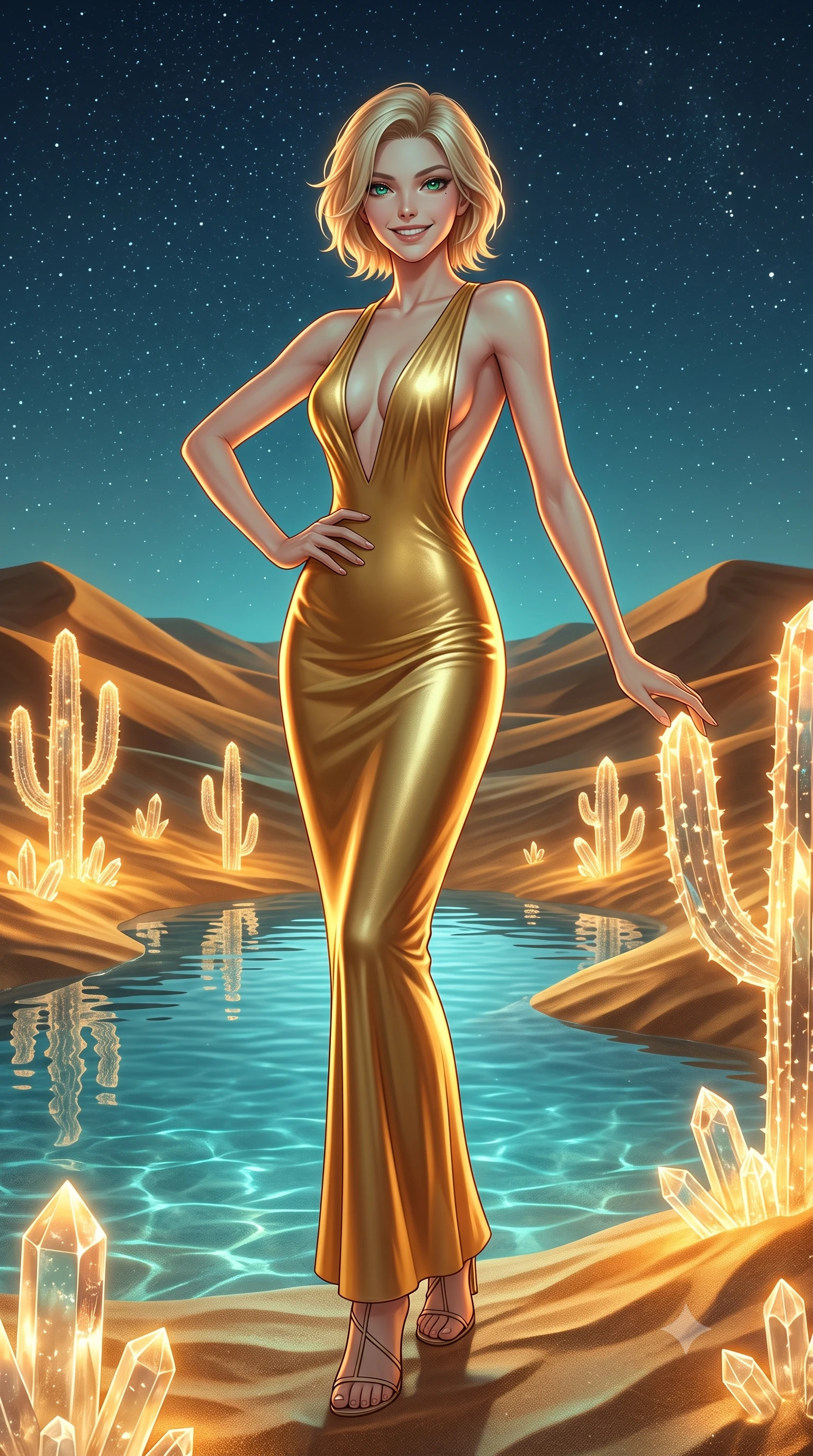 score_9, masterpiece, best quality, ultra-detailed, high-budget anime keyframe, editorial fashion photography, tasteful artistic composition, Caucasian woman, strictly human ears. low angle full-body shot from head to toe showing her feet, filling the entire 9:16 vertical frame with her statuesque presence, stretching her vertical silhouette. striking a proud, smiling pose within standing beside a pristine desert pool surrounded by shifting gold sand dunes and glowing crystal cacti under a clear starry night. She has a statuesque 8.5-heads proportion, an exceptionally tall, slender and willowy model-like build with impossibly long legs and a highly sculpted ultra-slim waist. sharp v-shaped jawline, high-bridge nose, intricate jewel-like eyes with depth, thick eyelashes, glossy lips with a natural sheen. wearing a deep plunging V-neck maxi dress in liquid gold jersey with a bold open-back design. warm amber rim lighting combined with cool teal fill light creating dramatic contrast. 2k, ultra detail, master piece, 9:16 ratio