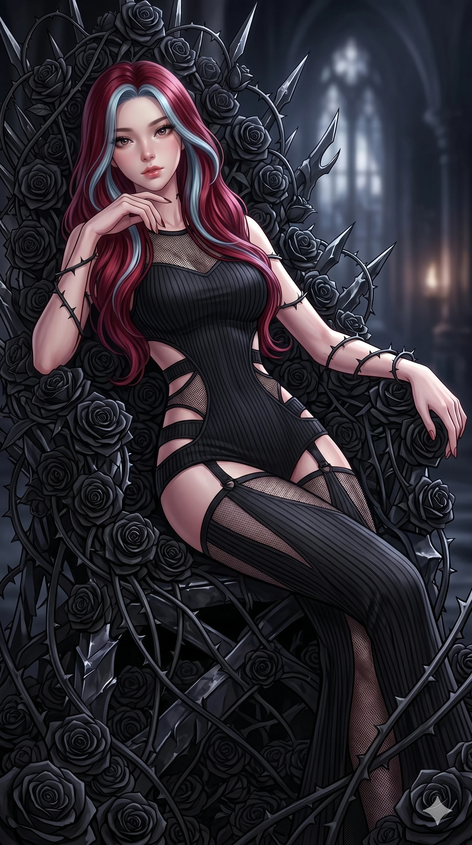 score_9, masterpiece, best quality, ultra-detailed, High-budget Anime Keyframe, East Asian woman. Dynamic full-body shot stretching the vertical silhouette to the limit. Scenario 250: Resting on a throne of black roses, thorns grazing her skin. Her presence is magnetic and overpowering in this high-budget anime scene. Outfit 250: A ribbed bodycon knit garter with a strategic side cut-outs and translucent layers. The clothing is designed to emphasize her exceptionally tall and slender 8-heads proportion. 8-heads proportion, towering silhouette, ultra-slim waist. sharp v-shaped jawline, intricate jewel-like eyes with depth, thick eyelashes, glossy lips. 2k, ultra detail, master piece, 9:16 ratio
