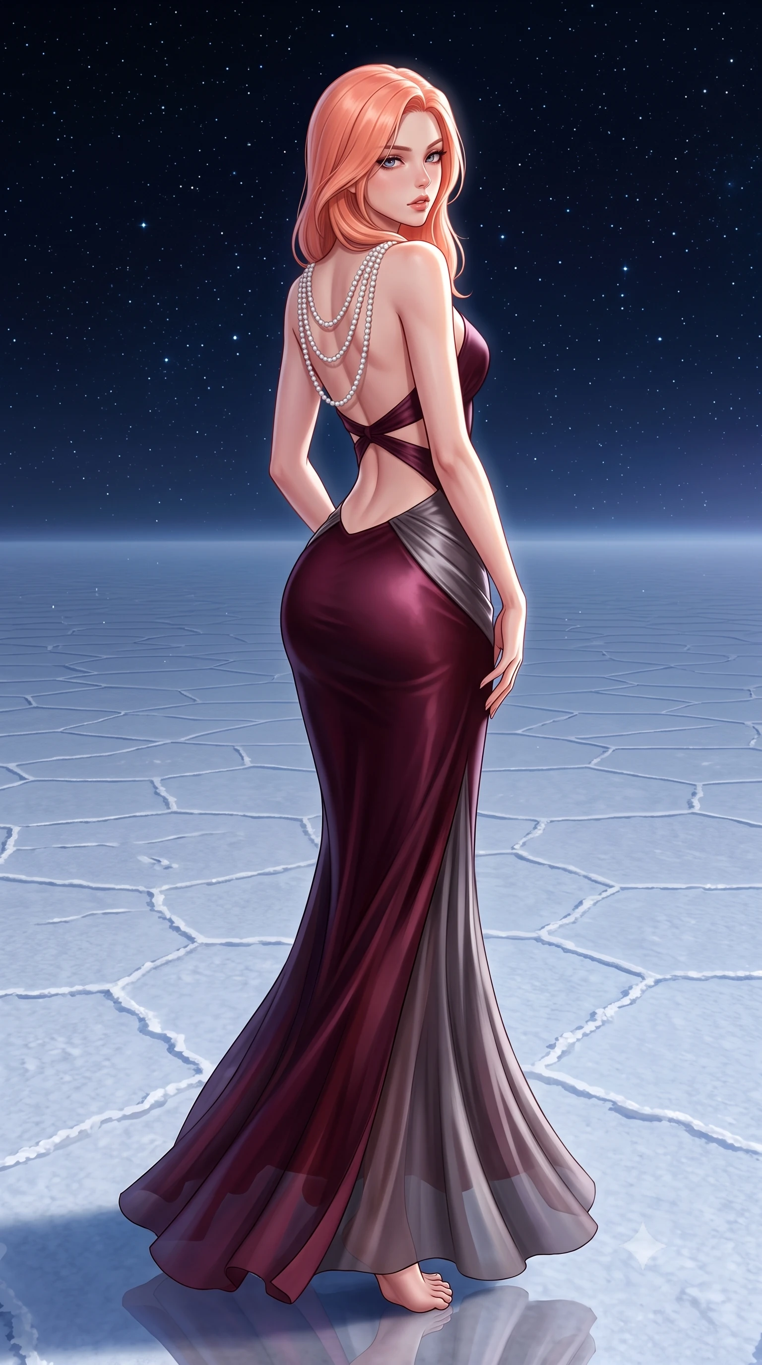 score_9, masterpiece, best quality, ultra-detailed, high-budget anime keyframe, semi-realistic 3D game render, editorial fashion photography, tasteful artistic composition, Japanese woman. low angle full-body shot from head to toe showing her feet, filling the entire 9:16 vertical frame with her statuesque presence, stretching her vertical silhouette. posing with back turned slightly to the lens, glancing back with smoldering allure as she arches her lower back to emphasize her sculpted feminine hips and slender waist while leaning back with relaxed seductive grace, her sculpted collarbones and narrow waist highlighted as she casts smoldering bedroom-eyes into the cosmic void. The surrounding environment is rendered in vivid detail and crisp panoramic clarity. sharp water surface mirror reflections, hexagonal salt crust polygons beneath water, and starlight points in deep focus. She has an exceptionally tall and slender model-like 8.5-heads proportion, an ultra-slim waist, a flat toned midriff, narrow delicate ribcage, and beautifully sculpted feminine hips creating a graceful, slim hourglass silhouette without any bulky heaviness, with impossibly long slender legs. sharp v-shaped jawline, high-bridge nose, intricate jewel-like eyes with depth, thick eyelashes, glossy parted lips with a natural sheen, intensely captivating and seductive bedroom-eyes expression, flawlessly proportioned anatomical accuracy, strict slender model proportions, natural body alignment, perfectly sculpted long slender limbs, ultra-slim waistline, clean dynamic posture without body distortion. wearing a sculptured liquid-satin mermaid gown with an architectural open-waist cutout and bare spine in deep wine burgundy and brushed dark platinum, woven from layered gossamer chiffon with a weightless sweeping drape, accented with a multi-strand pearl back necklace cascading down her bare spine to her hips, the form-contouring material adhering flawlessly to her sculpted flat midriff and slender torso, emphasizing her long leg lines and perfectly proportioned willowy build. illuminated by soft ambient celestial rim lighting sharply sculpting her razor-sharp jawline, narrow waist, and curvy hips. highly saturated vibrant anime colors, detailed shading with soft gradients, rich glossy textures, high-contrast stereoscopic depth, volumetric dynamic lighting, master piece, 9:16 ratio