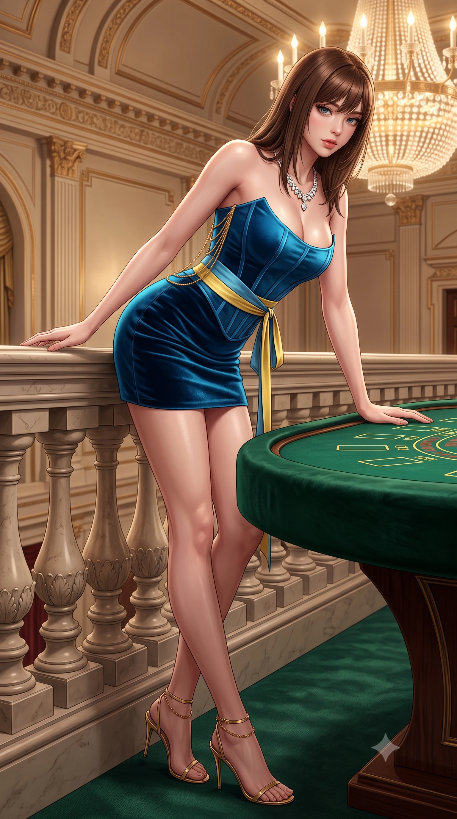 score_9, masterpiece, best quality, ultra-detailed, high-budget anime keyframe, semi-realistic 3D game render, editorial fashion photography, tasteful artistic composition, Korean woman. low angle full-body shot from head to toe showing her feet, filling the entire 9:16 vertical frame with her statuesque presence, stretching her vertical silhouette. leaning deep against the balcony balustrade with hips cocked back in an unapologetically alluring high-fashion stance, casting an intoxicating glance while leaning forward over the emerald velvet baccarat table while arching her lower back to accentuate her curvy hips, looking at the dealer with smoldering bedroom-eyes. The surrounding environment is rendered in vivid detail and crisp panoramic clarity: detailed strapless boned corset gown weave, diamond riviere necklace sparkle, and Belle Époque palace interiors in razor-sharp precision. She has an absolutely perfect, statuesque 8.5-heads proportion, an exceptionally tall and slender model-like female figure with impossibly long slender legs, an ultra-slim waist, a flat toned midriff, narrow delicate ribcage, and beautifully sculpted feminine hips creating a graceful, slim hourglass silhouette without any bulky heaviness. sharp v-shaped jawline, high-bridge nose, sparkling eyes with hypnotic seductive depth, thick curled eyelashes, glossy parted lips with a natural dewy peach sheen, alluring bedroom-eyes with an enchanting coquettish smile, exuding magnetic siren charisma and sophisticated glamour, flawlessly proportioned anatomical accuracy, strict slender model proportions, natural body alignment, perfectly sculpted long slender limbs, ultra-slim waistline, clean dynamic posture without body distortion. wearing a structured boned satin corset bodice with obi-inspired wrap ribbon cinching her ultra-slim waistline in Amalfi azure blue and sunlit lemon gold, tailored from ultra-plush velvet with rich tactile depth and deep shadow gradients, accented with an open-back drape framed by falling strands of delicate gold chains, the second-skin tailored fabric adhering flawlessly to her sculpted flat midriff and slender torso, emphasizing her long leg lines and perfectly proportioned willowy build. bathed in brilliant warm 2900K crystal chandelier light spilling from towering ceilings mixed with focused table downlights. highly saturated vibrant anime colors, detailed shading with soft gradients, rich glossy textures, high-contrast stereoscopic depth, volumetric dynamic lighting, master piece, 9:16 ratio
