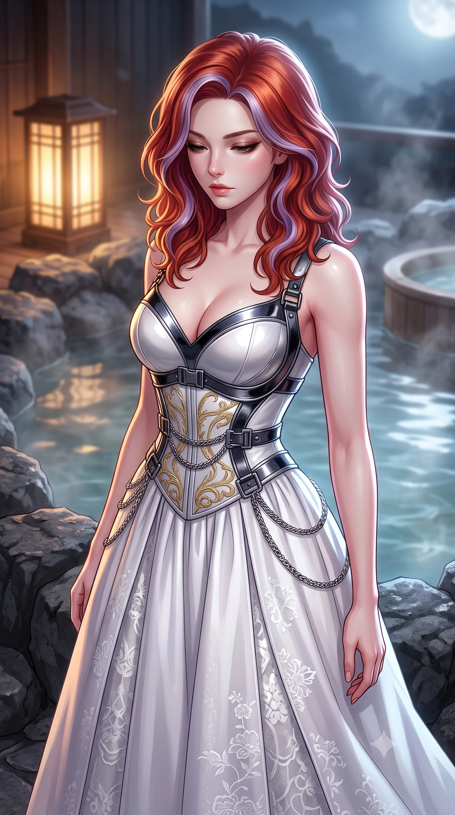 score_9, masterpiece, best quality, ultra-detailed, high-budget anime keyframe, editorial fashion photography, tasteful artistic composition, Caucasian woman. close-up cowboy shot from the waist and thighs up, the character dominates the composition, filling the frame with her large presence, background elements kept in soft focus. Looking down with lowered lashes and a composed, powerful dark aura, standing beside a private outdoor thermal onsen surrounded by volcanic basalt rocks, sensual oriental luxury aesthetic with quiet magnetic charm. She has an exceptionally elegant, slender, and willowy female figure with an ultra-slim waist, a gracefully sculpted slender torso, and a refined silhouette. sharp v-shaped jawline, high-bridge nose, intricate jewel-like eyes with depth, thick eyelashes, glossy lips with a natural sheen. wearing modern fusion white hanbok dress with structured gold-embroidered bodice in pearl white, made of sculpted obsidian metallic chrome, framed by dark titanium buckles and silver chain details, accentuating her gracefully sculpted slender torso. illuminated by warm amber lantern glow and cold silver moonlight contrast. highly saturated vibrant anime colors, detailed shading with soft gradients, rich glossy textures, high-contrast stereoscopic depth, volumetric dynamic lighting, master piece, 9:16 ratio