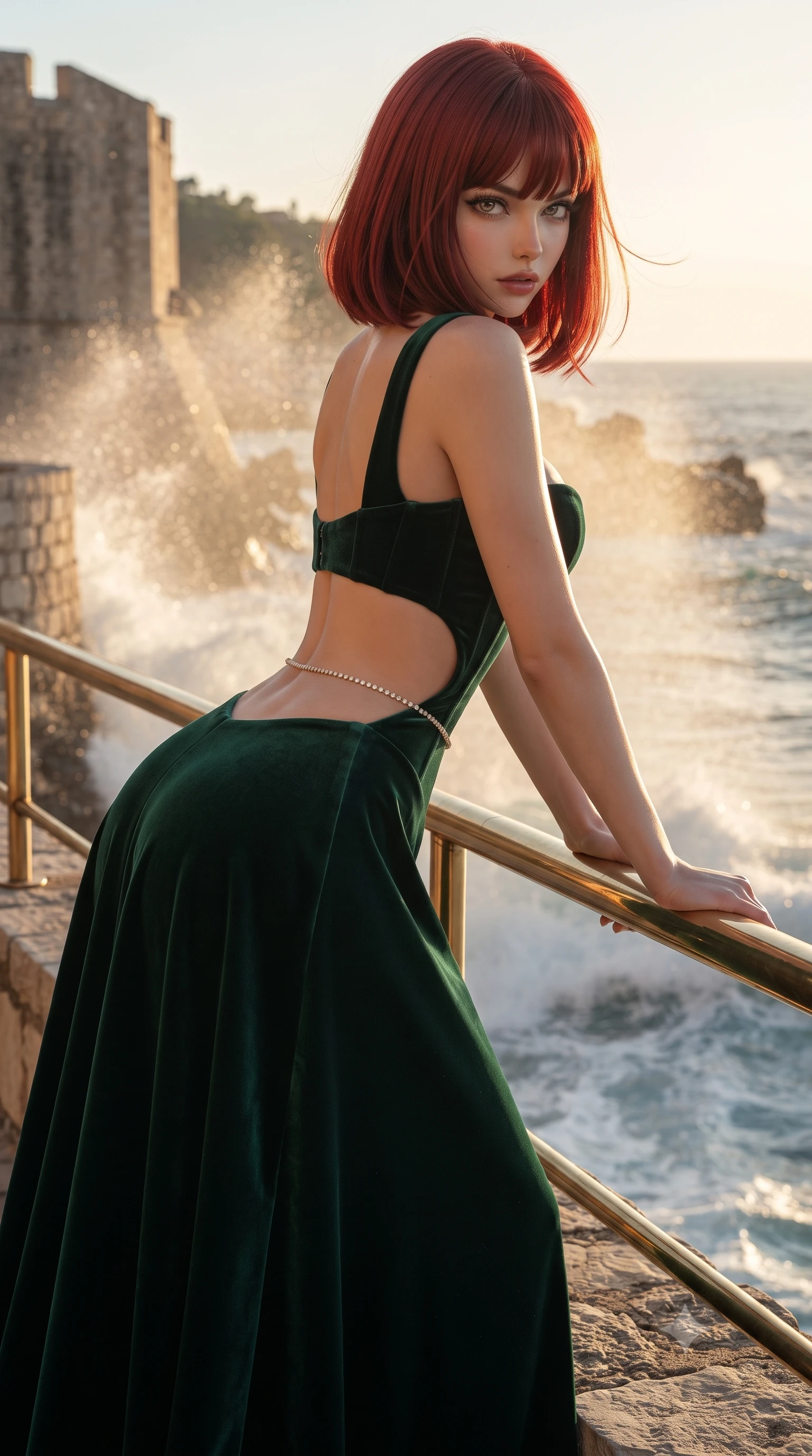 score_9, masterpiece, best quality, ultra-detailed, high-budget anime keyframe, editorial fashion photography, tasteful artistic composition, Caucasian woman. close-up cowboy shot from the waist and thighs up, the character dominates the composition, filling the frame with her large presence. leaning forward against the polished railing with her hips cocked back, creating an intoxicating curve from her narrow waist to sculpted hips as she gazes back into the lens while perching on the ancient stone rampart high above crashing cobalt Adriatic waves, arching her lower back as sea spray mist catches the setting sun. The surrounding environment is rendered in vivid detail and crisp panoramic clarity. detailed linen and silk gown weave, sea breeze-blown hair strands, and Adriatic horizon clarity in high resolution. She has an exceptionally elegant, slender, and willowy female figure with an ultra-slim waist, flat toned midriff, narrow ribcage, and sculpted feminine hips creating an alluring, slim hourglass silhouette without bulk. sharp v-shaped jawline, high-bridge nose, intricate jewel-like eyes with depth, thick eyelashes, glossy parted lips with a natural sheen, intensely captivating and seductive bedroom-eyes expression, flawlessly proportioned anatomical accuracy, strict slender model proportions, natural body alignment, perfectly sculpted long slender limbs, ultra-slim waistline, clean dynamic posture without body distortion. wearing a deep sweetheart neckline crushed velvet corseted ballgown with an exposed midriff cutout in deep emerald green satin and gold hardware, tailored from water-resistant treated wool gabardine and flexible stretch silk, accented with a dainty diamond waist chain catching the ambient light reflections, the precision-cut side openings and low-back scoop framing her graceful spine and the sensual sweep of her slim, toned hips. illuminated by intense specular sea foam reflections sharply sculpting her razor-sharp jawline, narrow waist, and curvy hips. ultra-reflective glossy finish, specular highlights, rich textural contrasts, high-contrast stereoscopic depth, volumetric dynamic lighting, 2k, ultra detail, master piece, 9:16 ratio