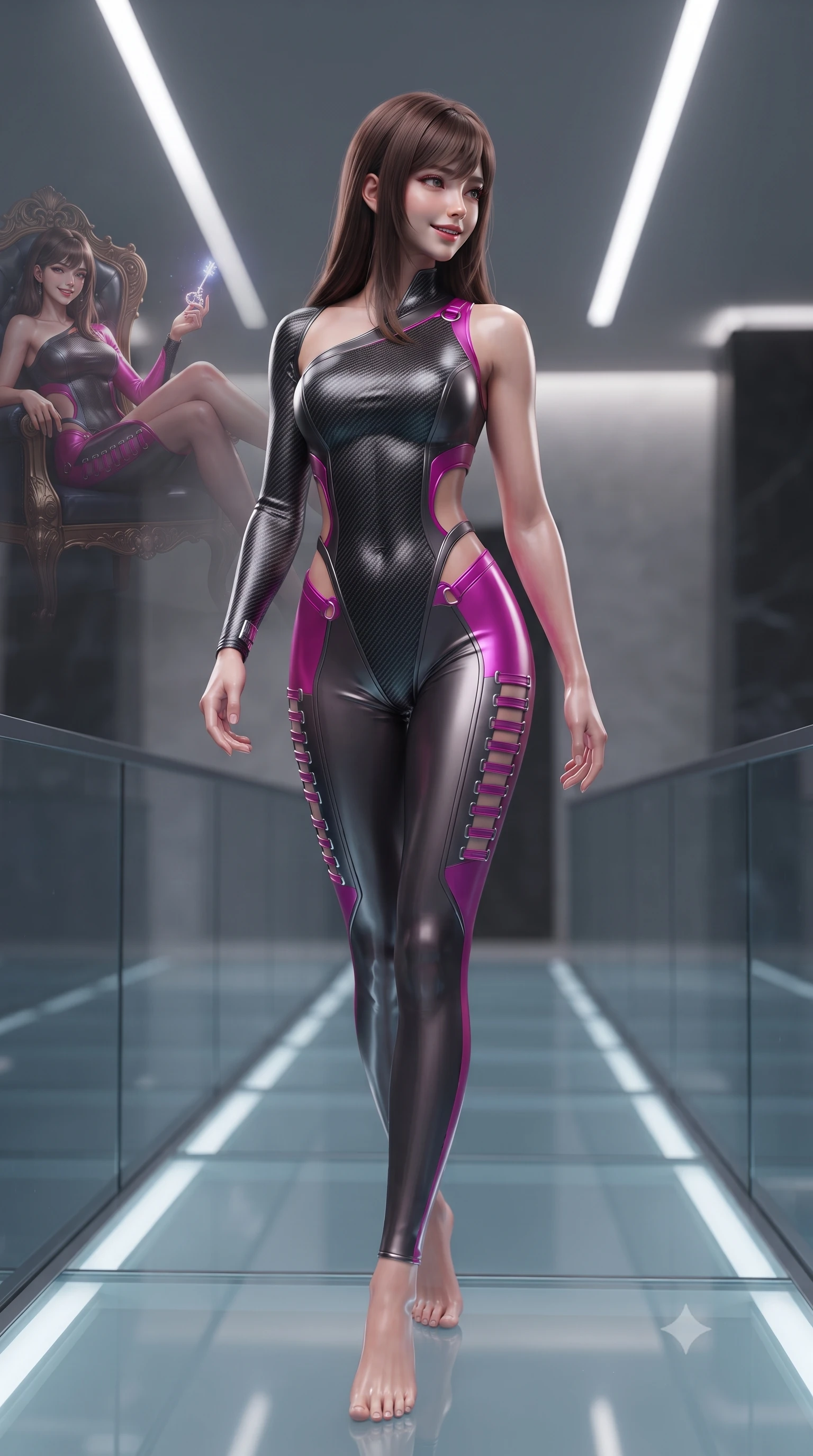 score_9, masterpiece, best quality, ultra-detailed, high-budget anime keyframe, editorial fashion photography, tasteful artistic composition, Korean woman. low angle full-body shot from head to toe showing her feet, filling the entire 9:16 vertical frame with her statuesque presence, stretching her vertical silhouette. walking slowly along the transparent glass skybridge, looking back over her shoulder with an air of effortless grace and an alluring, smoldering smile while lounging in the high council chair with legs crossed, holding a glowing cryptographic key while flashing a subtle, dangerous smile. The background shows a soft-focus soaring minimalist black stone monoliths and recessed lighting strips softened in prestigious sci-fi senate shallow focus. She has an absolutely perfect, statuesque 8.5-heads proportion, an exceptionally tall and slender model-like female figure with impossibly long slender legs, an ultra-slim waist, a flat toned midriff, narrow delicate ribcage, and beautifully sculpted feminine hips creating a graceful, slim hourglass silhouette without any bulky heaviness. sharp v-shaped jawline, high-bridge nose, intricate jewel-like sparkling eyes with depth, thick eyelashes, glossy parted lips with a natural sheen, bright confident smile with an enchanting and coquettish sensual glint, exuding both youthful magnetic charm and sovereign high-tech allure, flawlessly proportioned anatomical accuracy, strict slender model proportions, natural body alignment, perfectly sculpted long slender limbs, ultra-slim waistline, clean dynamic posture without body distortion. wearing an asymmetric one-shoulder combat catsuit with carbon-weave paneling and an open-waist architecture emphasizing her hips in deep titanium gunmetal and radiant magenta neon, formed from supple thermal silicone composite adhering seamlessly like a second skin, finished with sharp laser-cut side ventilation slits framed by silver hardware rings, the form-fitting tactical tailoring adhering flawlessly to her sculpted flat midriff and slender torso, emphasizing her long leg lines and perfectly proportioned willowy build. illuminated by under-floor uplighting and sharp champagne rim lighting sculpting her razor-sharp jawline, narrow waist, and curvy hips. ultra-reflective glossy finish, specular highlights, rich textural contrasts, high-contrast stereoscopic depth, volumetric dynamic lighting, 2k, ultra detail, master piece, 9:16 ratio