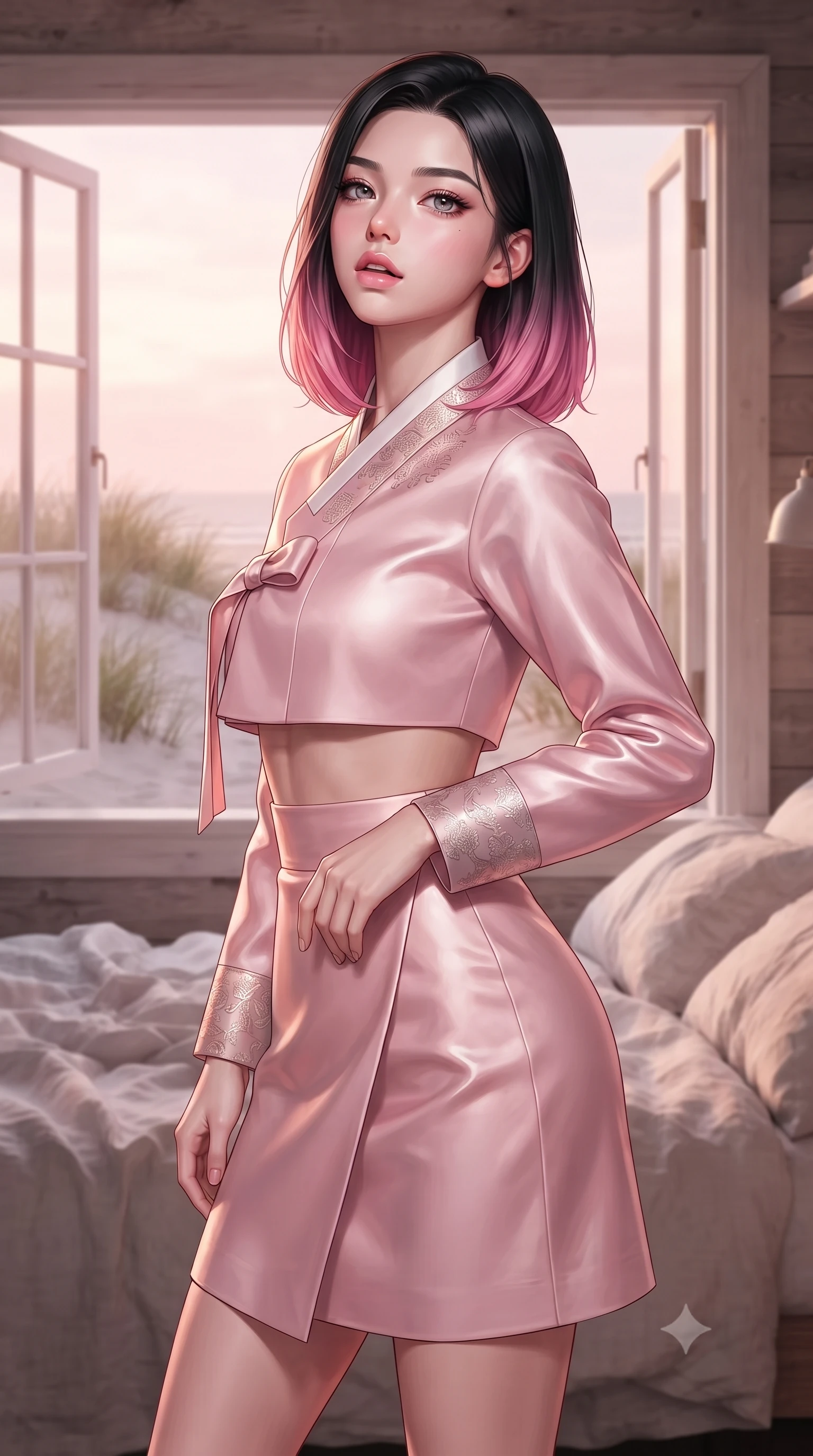 score_9, masterpiece, best quality, ultra-detailed, high-budget anime keyframe, editorial fashion photography, tasteful artistic composition, Korean woman woman. close-up cowboy shot from the waist and thighs up, the character dominates the composition, filling the frame with her large presence, background elements kept in soft focus. tilting her chin up slightly with lips parted in a composed, provocative expression the background shows a soft-focus a cozy cottage bedroom surrounded by beachgrass, with a view of sand dunes. She has an exceptionally elegant, slender, and willowy female figure with an ultra-slim waist, a gracefully sculpted slender torso, and a refined silhouette. sharp v-shaped jawline, high-bridge nose, intricate jewel-like eyes with depth, thick eyelashes, glossy lips with a natural sheen. wearing a tailored modern fusion hanbok jeogori in light pink silk, paired with a high-waisted wrap skirt. soft pink and amber sunset glow painting the room in a romantic wash. ultra-reflective glossy finish, specular highlights, metallic sheen, high-contrast stereoscopic depth, volumetric dynamic lighting, 2k, ultra detail, master piece, 9:16 ratio