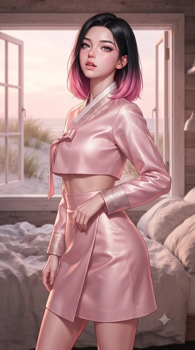 score_9, masterpiece, best quality, ultra-detailed, high-budget anime keyframe, editorial fashion photography, tasteful artistic composition, Korean woman woman. close-up cowboy shot from the waist and thighs up, the character dominates the compositi