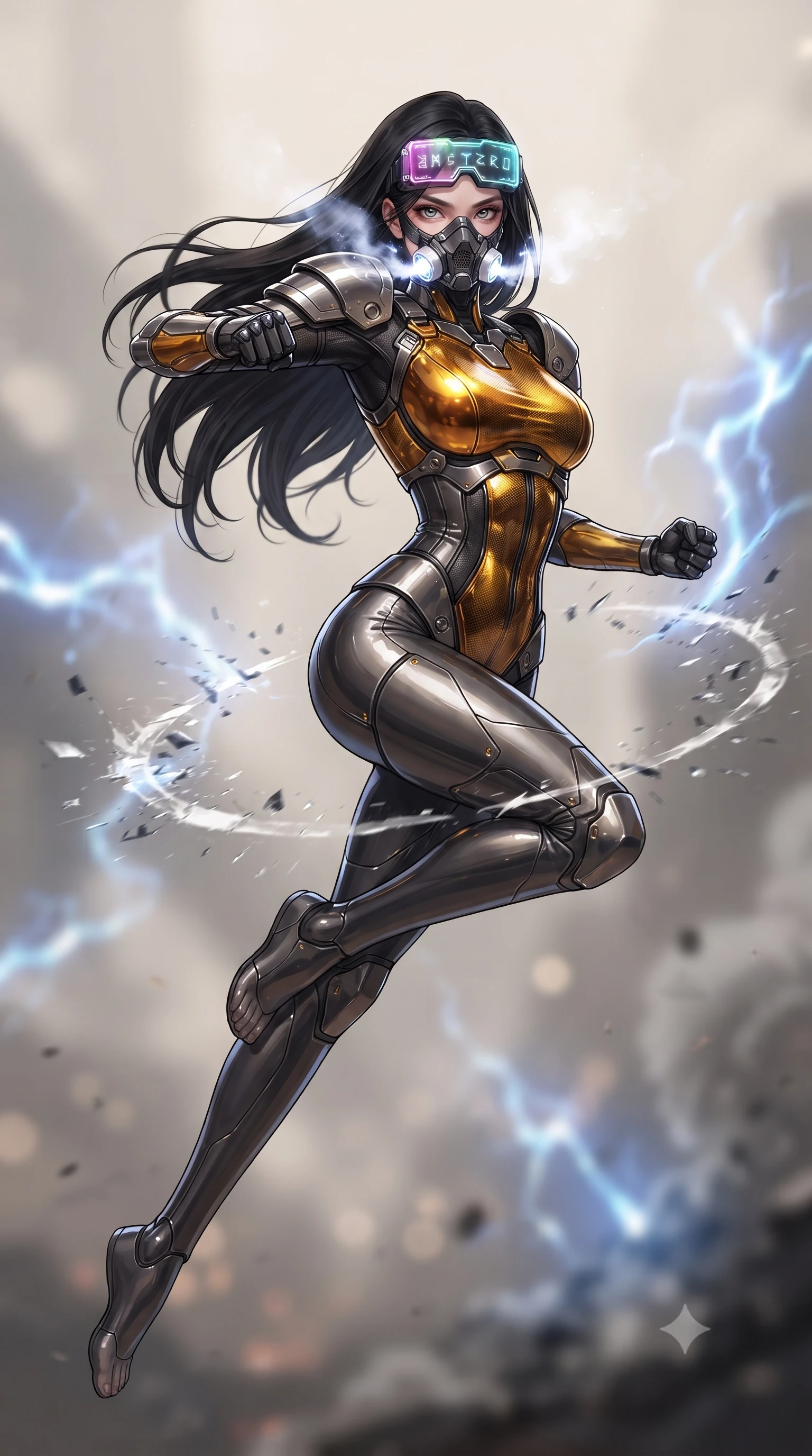 score_9, masterpiece, best quality, ultra-detailed, high-budget anime keyframe, editorial fashion photography, tasteful artistic composition, Korean woman. low angle full-body shot from head to toe showing her feet, filling the entire 9:16 vertical frame with her statuesque presence, stretching her vertical silhouette. leaping into mid-air with an athletic yet alluring arch of her spine, driving a downward kinetic strike surrounded by a ring of displaced air while pivoting dynamically as her half-face rebreather vents glowing white vapor, her captivating eyes locked onto the viewer with fierce intent. The composition keeps background elements in soft focus with creamy bokeh. crackling blue EMP lightning arcs and smoking crater rims blurred into dazzling sapphire, white-hot, and pitch-black bokeh. She has an absolutely perfect, statuesque 8.5-heads proportion, an exceptionally tall and slender model-like female figure with impossibly long slender legs, a toned flat midriff, and an ultra-slim waist. sharp v-shaped jawline, high-bridge nose, intricate jewel-like eyes with depth, thick eyelashes, glossy lips with a natural sheen, fierce and resolute heroine expression, flawlessly proportioned anatomical accuracy, strict slender model proportions, natural body alignment, perfectly sculpted long slender limbs, ultra-slim waistline, clean dynamic posture without body distortion. wearing high-tech holographic tactical goggles resting tipped up on her forehead, casting glowing neon runes across her brow without obscuring her features, paired with a statuesque high-fashion cyber-warrior armor suit with platinum bevels, heavy articulated shoulder guards, and an ultra-slim waist-cinching corset in molten amber-gold carbon cuirass with dark gunmetal weave, formed from high-gloss patent carbon-plating with specular dystopian chiaroscuro reflections, finished with high-mobility flexible armor articulation seams and miniature magnetic locks, the sleek second-skin cut tightly hugging her graceful clavicle, narrow waist, and feminine curves with athletic precision. illuminated by crisp directional rim lights sharply defining her ultra-slim waist, long legs, and flat midriff. ultra-reflective glossy finish, specular highlights, dark metallic sheen, high-contrast stereoscopic depth, volumetric dynamic lighting, 2k, ultra detail, master piece, 9:16 ratio