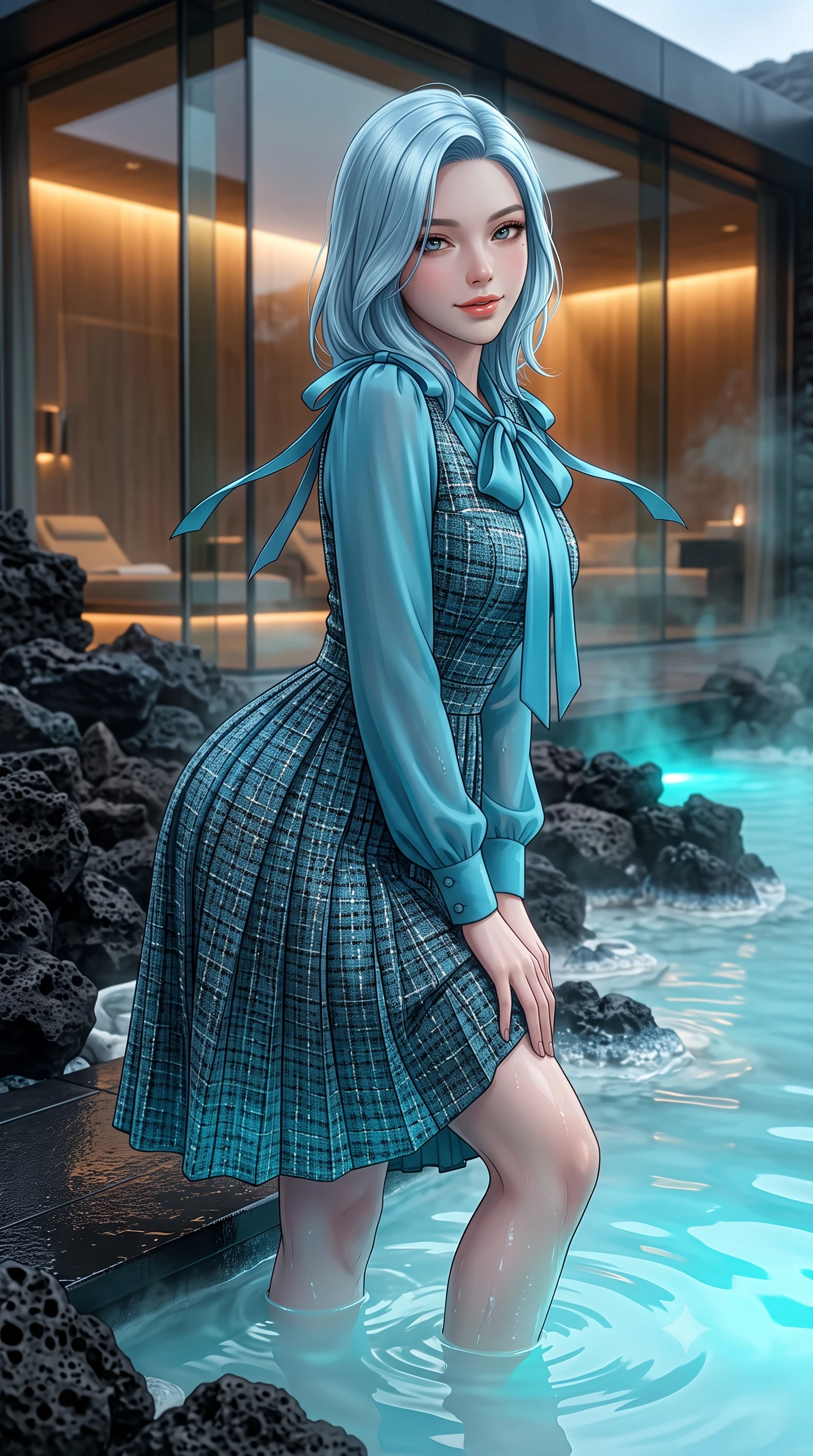 score_9, masterpiece, best quality, ultra-detailed, high-budget anime keyframe, editorial fashion photography, tasteful artistic composition, Korean woman. close-up cowboy shot from the waist and thighs up, the character dominates the composition, filling the frame with her large presence. leaning forward while arching her lower back to accentuate her curvy hips, looking into the camera with an intoxicating smoldering gaze and bedroom-eyes while standing poised on the heated black basalt terrace stepping directly into the steaming milky-cyan mineral waters, arching her spine with wet-look siren grace. The surrounding environment is rendered in vivid detail and crisp panoramic clarity: sharp porous volcanic black basalt rock textures, silica water edge mineral rings, and frameless structural glass bevels in deep focus. She has an exceptionally elegant, slender, and willowy female figure with an ultra-slim waist, flat toned midriff, narrow ribcage, and sculpted feminine hips creating an alluring, slim hourglass silhouette without bulk. sharp v-shaped jawline, high-bridge nose, intricate jewel-like sparkling eyes with depth, thick eyelashes, glossy parted lips with a natural peach sheen, bright cheerful beaming smile with an enchanting and coquettish sensual glint, exuding both youthful cute charm and seductive allure, flawlessly proportioned anatomical accuracy, strict slender model proportions, natural body alignment, perfectly sculpted long slender limbs, ultra-slim waistline, clean dynamic posture without body distortion. wearing an elegant long-sleeve silk georgette tea dress with pleated A-line skirt and neck pussy-bow in Icelandic geothermal cyan and volcanic basalt obsidian, woven from structured British tweed with subtle metallic flecks, finished with satin ribbon ties at the shoulders fluttering in the gentle breeze, the impeccably tailored cut draping gracefully along her slender figure with aristocratic poise. bathed in underwater pool turquoise-cyan LEDs combined with soft warm 2700K interior cove lighting through glass. ultra-reflective glossy finish, specular highlights, rich textural contrasts, high-contrast stereoscopic depth, volumetric dynamic lighting, 2k, ultra detail, master piece, 9:16 ratio