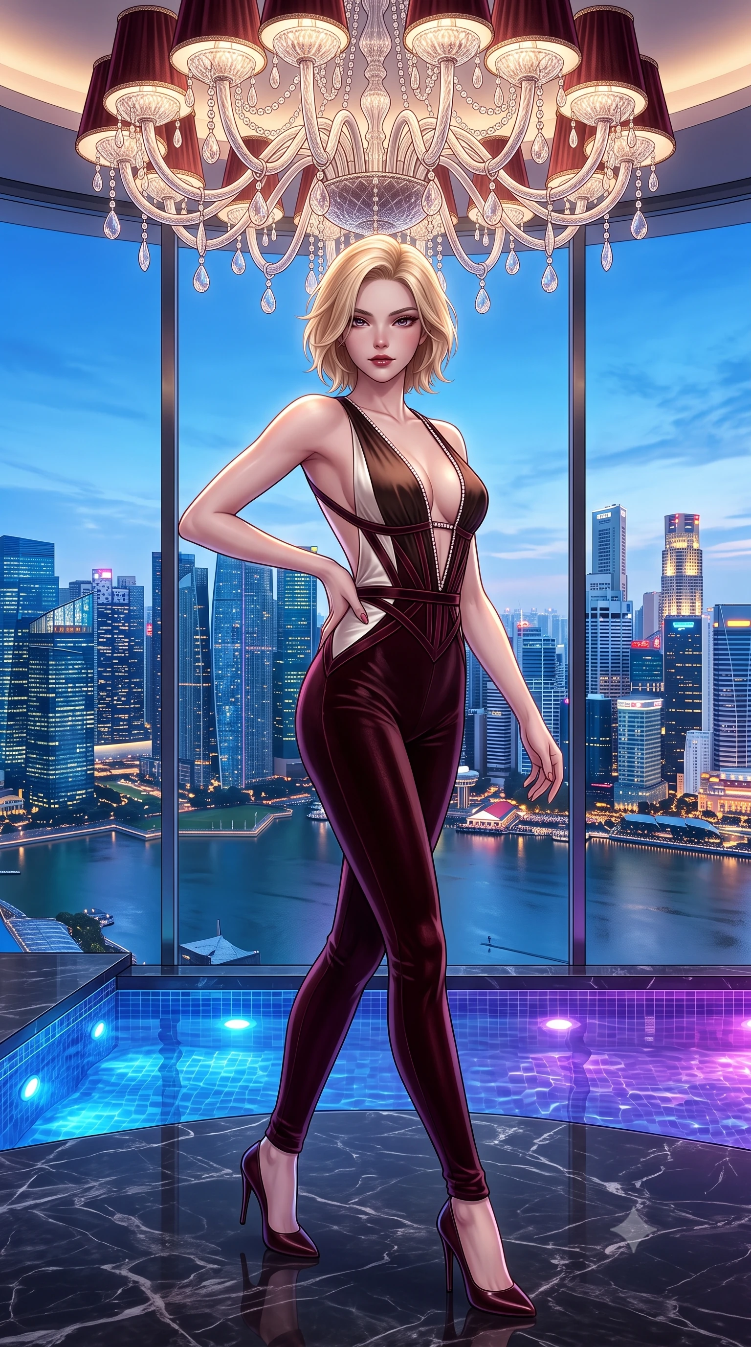 score_9, masterpiece, best quality, ultra-detailed, high-budget anime keyframe, semi-realistic 3D game render, editorial fashion photography, tasteful artistic composition, Caucasian woman. low angle full-body shot from head to toe showing her feet, filling the entire 9:16 vertical frame with her statuesque presence, stretching her vertical silhouette. pausing mid-stride beneath the grand chandelier with one hand resting on her narrow waist, her arched hips and statuesque 8.5-heads presence commanding the 9:16 vertical frame while twisting her slender torso in an alluring contrapposto stance, midnight tropical breezes sculpting her fluid gown against her waist and curvy hips. The surrounding environment is rendered in vivid detail and crisp panoramic clarity. detailed gown texture, glowing skin highlights, and Marina Bay architectural precision in high resolution. She has an exceptionally tall and slender model-like 8.5-heads proportion, an ultra-slim waist, a flat toned midriff, narrow delicate ribcage, and beautifully sculpted feminine hips creating a graceful, slim hourglass silhouette without any bulky heaviness, with impossibly long slender legs. sharp v-shaped jawline, high-bridge nose, intricate jewel-like dark sparkling eyes with dangerous depth, thick curled eyelashes, glossy parted lips with a rich wine sheen, smoldering seductive half-smile with bedroom-eyes, exuding effortless superiority and intoxicating dark allure, flawlessly proportioned anatomical accuracy, strict slender model proportions, natural body alignment, perfectly sculpted long slender limbs, ultra-slim waistline, clean dynamic posture without body distortion. wearing a second-skin dark burgundy stretch-velvet jumpsuit with a plunging neckline and open back in dark espresso brown and pearlescent ivory, crafted from heavy fluid silk satin with a liquid mirror-like drape, finished with subtle crystal rhinestones lining the plunging neckline, the glove-like silhouette tightly following the natural contour of her hips and long slender legs with youthful 8.5-heads elegance. illuminated by underwater pool LED downlights and crisp silver rim lighting sharply sculpting her razor-sharp jawline, narrow waist, and curvy hips. highly saturated vibrant anime colors, detailed shading with soft gradients, rich glossy textures, high-contrast stereoscopic depth, volumetric dynamic lighting, master piece, 9:16 ratio