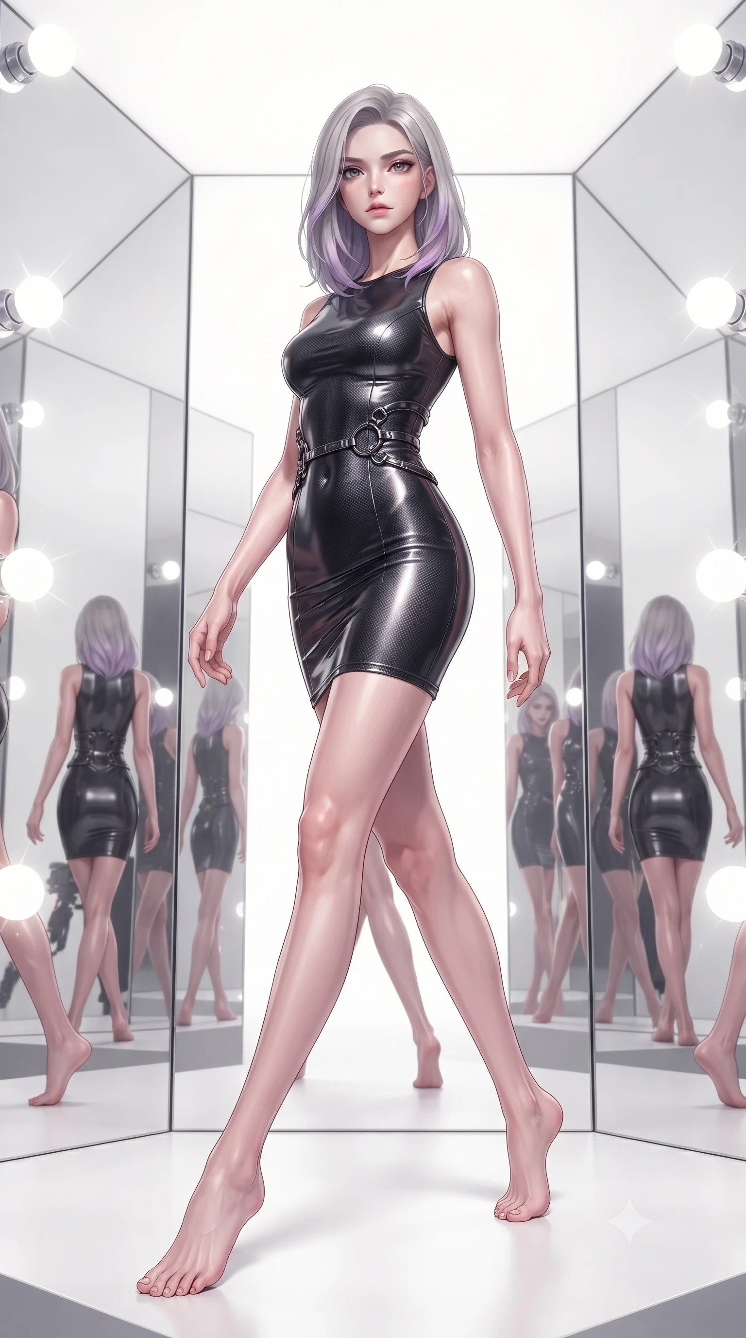 score_9, masterpiece, best quality, ultra-detailed, high-budget anime keyframe, editorial fashion photography, tasteful artistic composition, Caucasian woman. low angle full-body shot from head to toe showing her feet, filling the entire 9:16 vertical frame with her statuesque presence, stretching her vertical silhouette. stepping gracefully through the luxurious environment, stretching her statuesque silhouette, poised on a platinum pedestal as infinite mirror reflections repeat into white space, bright daylight vanity bulbs creating intense circular rim highlights on skin. She has an absolutely perfect, statuesque 8.5-heads proportion, an exceptionally tall and slender model-like female figure with impossibly long slender legs and an ultra-slim waist. sharp v-shaped jawline, high-bridge nose, intricate jewel-like eyes with depth, thick eyelashes, glossy lips with a natural sheen. wearing aerodynamic second-skin dark silver metallic bodycon dress in pitch-black onyx, made of matte carbon-fiber weave, trimmed with dark chrome ring hardware along the waist contours, the fitted fabric emphasizing her ultra-slim waist. surrounded by a sparkling rim light aura with sharp edge glints. ultra-reflective glossy finish, specular highlights, metallic sheen, high-contrast stereoscopic depth, volumetric dynamic lighting, 2k, ultra detail, master piece, 9:16 ratio