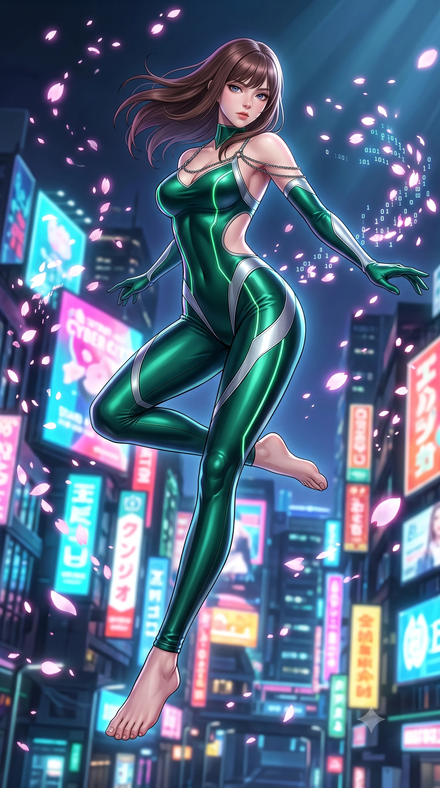 score_9, masterpiece, best quality, ultra-detailed, high-budget anime keyframe, editorial fashion photography, tasteful artistic composition, Korean woman. low angle full-body shot from head to toe showing her feet, filling the entire 9:16 vertical frame with her statuesque presence, stretching her vertical silhouette. performing an athletic mid-air rotation with flawless poise, her vertical silhouette beautifully stretched while turning in a dynamic mid-air stride with neon city billboards glowing below, digital sakura petals flickering into binary code sparks as they float by. She has an absolutely perfect, statuesque 8.5-heads proportion, an exceptionally tall and slender model-like female figure with impossibly long slender legs and an ultra-slim waist. sharp v-shaped jawline, high-bridge nose, intricate jewel-like eyes with depth, thick eyelashes, glossy lips with a natural sheen, flawlessly proportioned anatomical accuracy, natural body alignment, perfectly sculpted elegant limbs, clean dynamic posture without body distortion. wearing a skin-tight cybernetic bodysuit with glowing neon seams and side cutouts in deep emerald green and silver accent, crafted from lustrous satin jersey with fluid draping, adorned with delicate metallic chain straps along the neckline, the glove-like fit emphasizing her statuesque silhouette during motion. illuminated by glowing holographic sakura radiance and wet specular reflections. highly saturated vibrant anime colors, detailed shading with soft gradients, rich glossy textures, high-contrast stereoscopic depth, volumetric dynamic lighting, master piece, 9:16 ratio