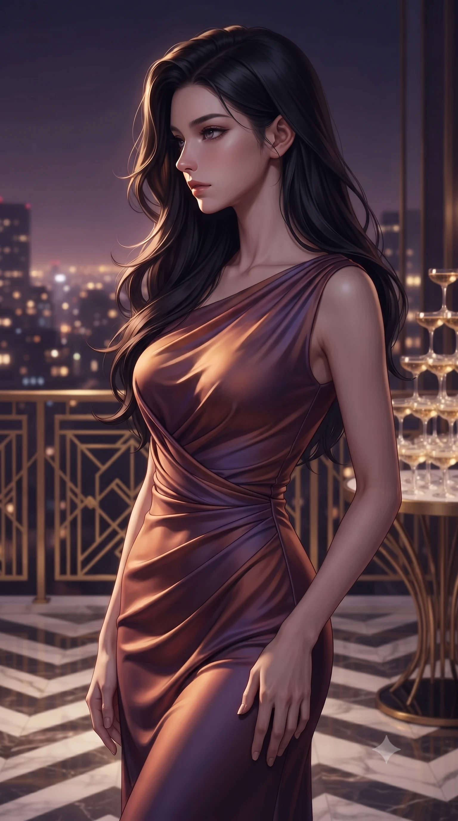 score_9, masterpiece, best quality, ultra-detailed, high-budget anime keyframe, editorial fashion photography, tasteful artistic composition, Korean woman. close-up cowboy shot from the waist and thighs up, the character dominates the composition, filling the frame with her large presence, background elements kept in soft focus. Turning her face in sharp dramatic profile against the light. set against a soft-focus background of a glamorous 1920s art deco penthouse terrace with gold geometric railings chevron-patterned marble floors towering champagne glass pyramids and the glittering city skyline stretching beyond the balustrade. She has an exceptionally elegant and slender, willowy female figure with an ultra-slim waist, a gracefully sculpted slender torso, and a refined slim physique. sharp v-shaped jawline, high-bridge nose, intricate jewel-like eyes with depth, thick eyelashes, glossy lips with a natural sheen. wearing a draped jersey dress in a shifting copper and violet gradient, the fluid fabric clinging to her slender waist with every movement. dramatic chiaroscuro with a single golden key light sculpting her silhouette. 2k, ultra detail, master piece, 9:16 ratio