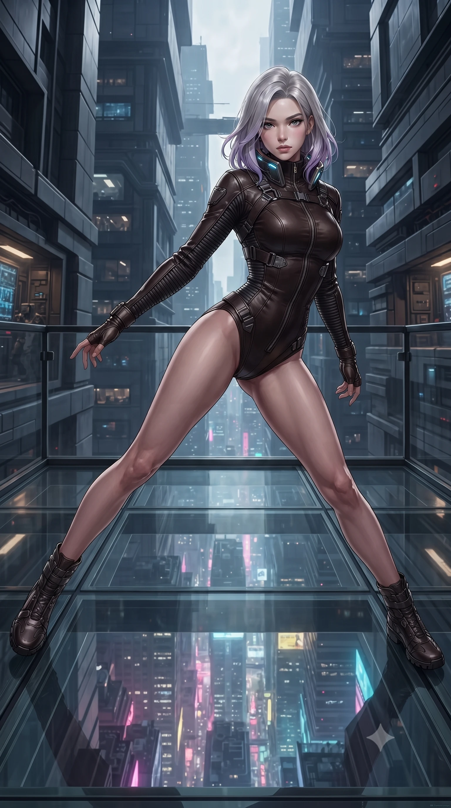 score_9, masterpiece, best quality, ultra-detailed, high-budget anime keyframe, editorial fashion photography, tasteful artistic composition, Caucasian woman. low angle full-body shot from head to toe showing her feet, filling the entire 9:16 vertical frame with her statuesque presence, stretching her vertical silhouette. pivoting dynamically with supreme athletic balance and poise, her impossibly long slender legs creating a breathtaking line while standing poised on a transparent structural glass floor overlooking the dizzying vertical abyss of a neon metropolis at 3 AM. The surrounding environment is rendered in vivid detail and crisp panoramic clarity. ultra-refined high-tech espionage chiaroscuro and monumental corporate tower architecture in sharp resolution. She has an absolutely perfect, statuesque 8.5-heads proportion, an exceptionally tall and slender model-like female figure with impossibly long slender legs, a toned flat midriff, and an ultra-slim waist. sharp v-shaped jawline, high-bridge nose, intricate jewel-like eyes with depth, thick eyelashes, glossy lips with a natural sheen, captivating and magnetic expression, flawlessly proportioned anatomical accuracy, strict slender model proportions, natural body alignment, perfectly sculpted long slender limbs, ultra-slim waistline, clean dynamic posture without body distortion. wearing a form-contouring infiltration bodysuit with reinforced kevlar ribbing and magnetic utility harness in deep espresso leather and gunmetal hardware, tailored from water-resistant treated wool gabardine and flexible Kevlar, featuring a high aerodynamic collar framed by subtle glowing cybernetic LEDs, the sleek tailored cut tightly hugging her graceful clavicle, narrow waist, and feminine curves with statuesque precision. illuminated by crisp directional key light defining her razor-sharp jawline, eyes, and slender curves. ultra-reflective glossy finish, specular highlights, rich textural contrasts, high-contrast stereoscopic depth, volumetric dynamic lighting, 2k, ultra detail, master piece, 9:16 ratio