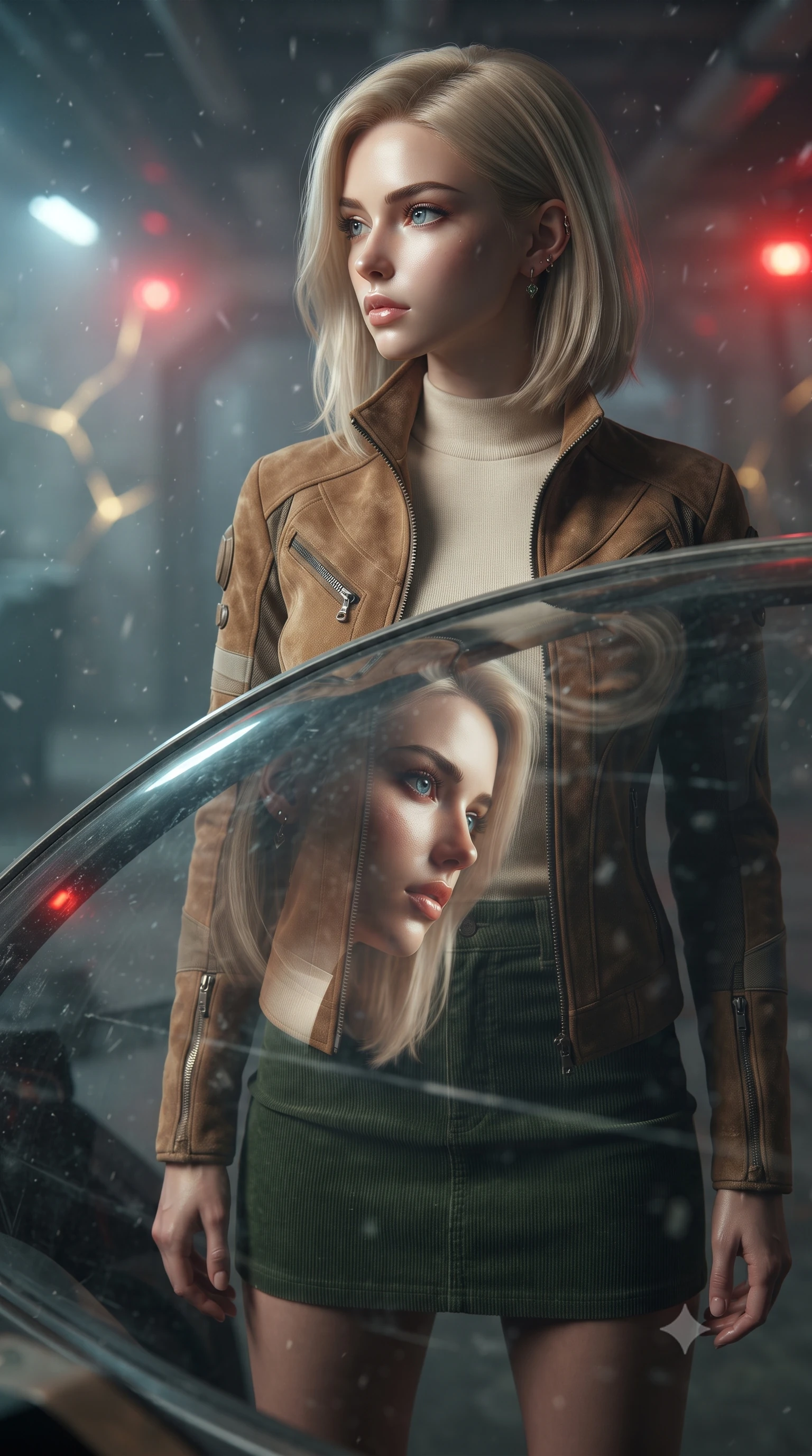 score_9, masterpiece, best quality, ultra-detailed, high-budget anime keyframe, editorial fashion photography, tasteful artistic composition, realistic cosplay photography, Caucasian woman, strictly human ears. close-up cowboy shot from the waist and thighs up, the character dominates the composition, filling the frame with her large presence, background elements kept in soft focus. Initiating a jump to hyperdrive, her face caught in a dramatic profile reflection on the cockpit glass. set against a soft-focus background of an underground bunker shaking during an orbital strike, concrete dust falling and red emergency lights flashing. She has an exceptionally elegant and slender, willowy female figure with an ultra-slim waist, a gracefully sculpted slender torso, and a refined slim physique. sharp v-shaped jawline, high-bridge nose, intricate jewel-like eyes with depth, thick eyelashes, glossy lips with a natural sheen. wearing tailored for maximum mobility, sleek form-contouring panels that allow fluid movement, a form-contouring rustic tan suede jacket over a cream mock-neck top and a forest green corduroy mini skirt. glowing kintsugi gold light radiating from cracks in the environment creating a majestic inner glow. ultra-reflective glossy finish, specular highlights, metallic sheen, high-contrast stereoscopic depth, volumetric dynamic lighting, 2k, ultra detail, master piece, 9:16 ratio