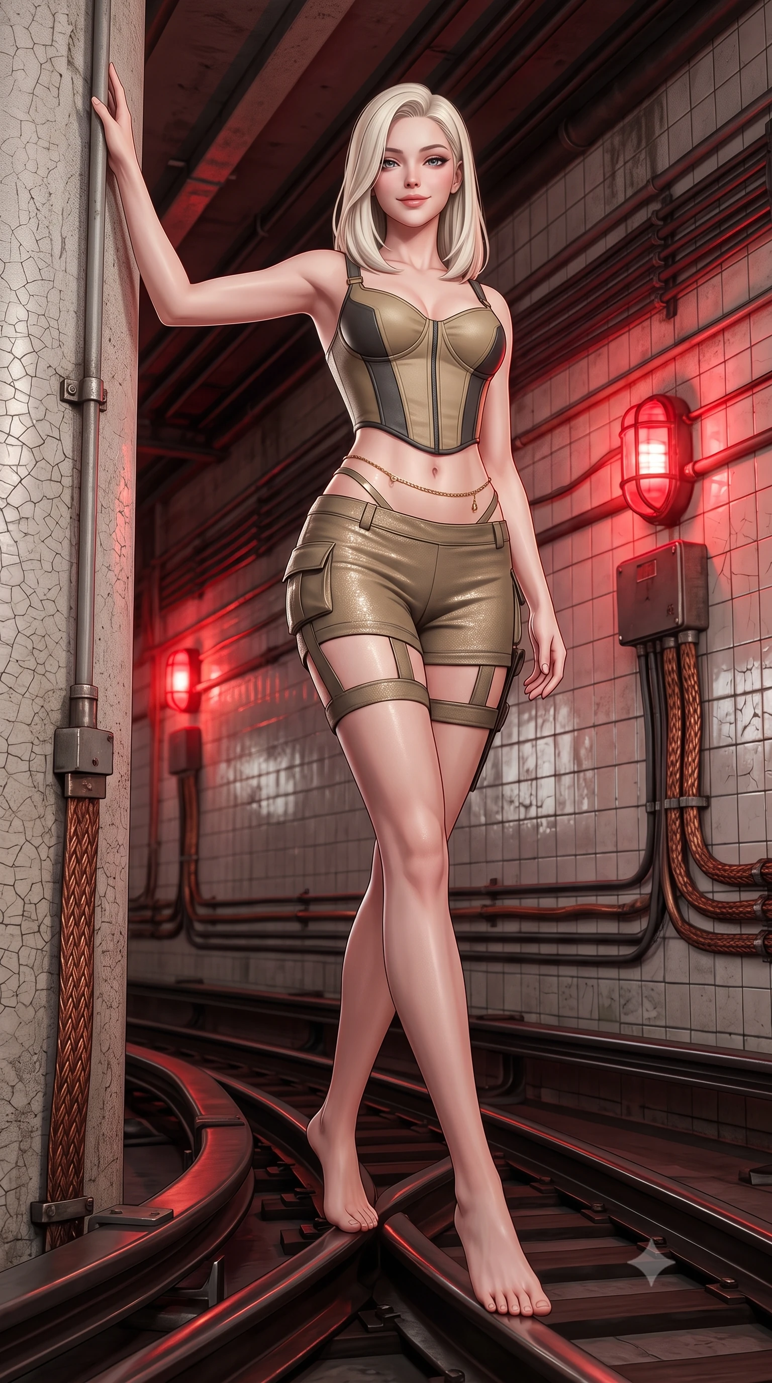score_9, masterpiece, best quality, ultra-detailed, high-budget anime keyframe, semi-realistic 3D game render, editorial fashion photography, tasteful artistic composition, Caucasian woman. low angle full-body shot from head to toe showing her feet, filling the entire 9:16 vertical frame with her statuesque presence, stretching her vertical silhouette. standing tall beside the architectural column, one hand resting high while arching her lower back to emphasize her sculpted feminine hips and slender waist while walking along the curved subway maintenance tracks, arching her back with predatory siren elegance as red emergency lights pulse. The surrounding environment is rendered in vivid detail and crisp panoramic clarity: sharp ceramic subway wall tile crazing, steel rail sheen, and braided conduit copper ground straps in deep focus. She has an absolutely perfect, statuesque 8.5-heads proportion, an exceptionally tall and slender model-like female figure with impossibly long slender legs, an ultra-slim waist, a flat toned midriff, narrow delicate ribcage, and beautifully sculpted feminine hips creating a graceful, slim hourglass silhouette without any bulky heaviness. sharp v-shaped jawline, high-bridge nose, sparkling eyes with hypnotic seductive depth, thick curled eyelashes, glossy parted lips with a natural dewy peach sheen, alluring bedroom-eyes with an enchanting coquettish smile, exuding magnetic siren charisma and sophisticated glamour, flawlessly proportioned anatomical accuracy, strict slender model proportions, natural body alignment, perfectly sculpted long slender limbs, ultra-slim waistline, clean dynamic posture without body distortion. wearing a structured boned tactical leatherette corset bodice paired with low-rise cargo hot-pants and thigh holster straps in tactical desert sand khaki and matte carbon grey, woven from stretch metallic lurex jersey casting radiant starlight glints across her silhouette, accented with a dainty gold belly chain resting across her flat midriff and curving hips, the high-slit wrap tailoring accentuating her ultra-slim waistline and the enchanting curve of her feminine hips with alluring seductive charm. bathed in rhythmic crimson strobe glow from industrial bulkhead wall fixtures. highly saturated vibrant anime colors, detailed shading with soft gradients, rich glossy textures, high-contrast stereoscopic depth, volumetric dynamic lighting, master piece, 9:16 ratio