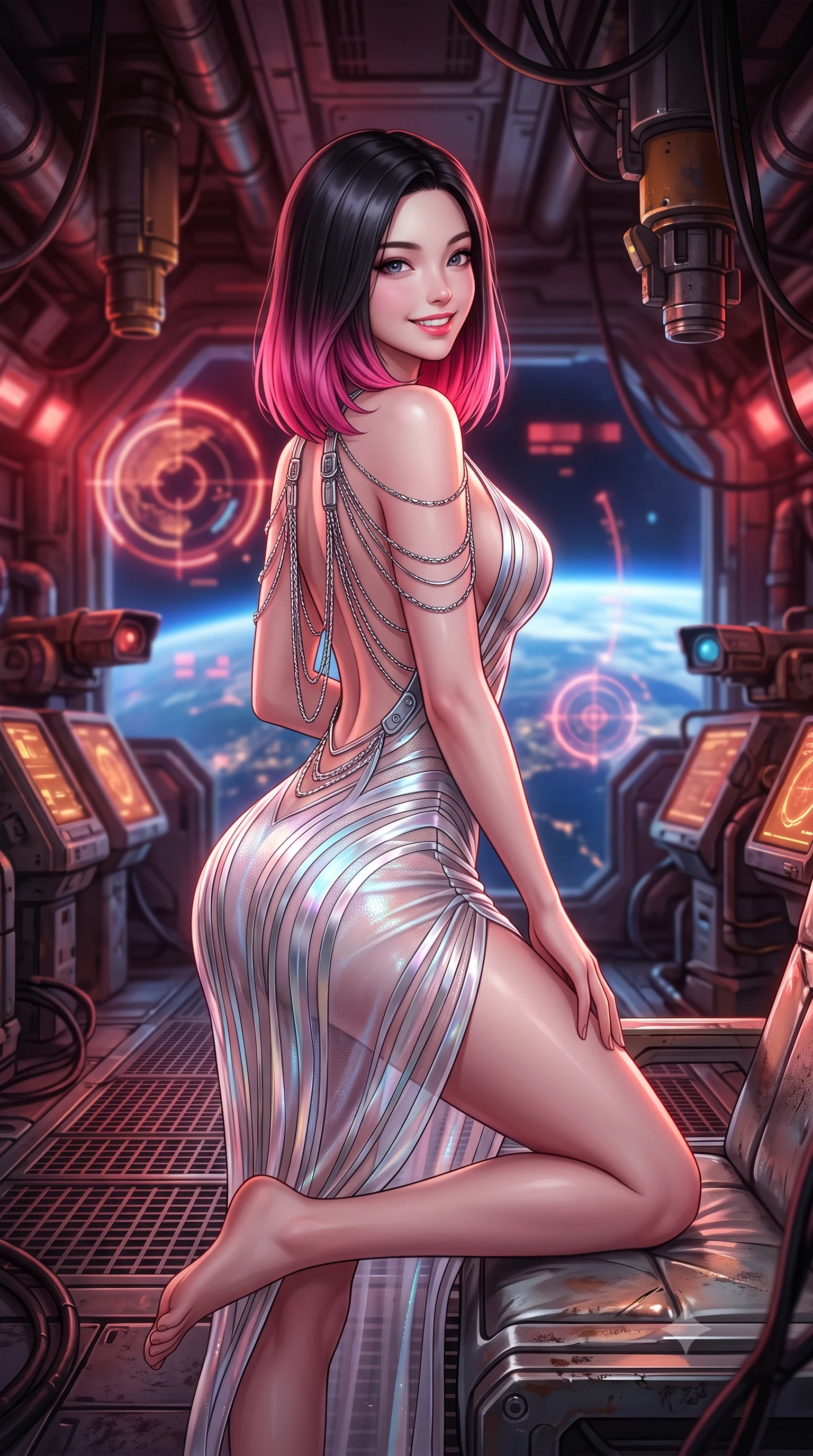 score_9, masterpiece, best quality, ultra-detailed, high-budget anime keyframe, semi-realistic 3D game render, editorial fashion photography, tasteful artistic composition, Korean woman. close-up cowboy shot from the waist and thighs up, the character dominates the composition, filling the frame with her large presence. perched sideways on the lounge seat, one knee drawn up to showcase her slender leg line while her arched back accentuates her feminine hip curve while standing poised on the heavy armored gun deck overlooking banks of targeting periscopes, arching her spine with breathtaking anime heroine allure as blast shutters open to the planet below. The background shows a soft-focus pulsing crimson battle stations strobes, circular targeting reticles over planetary continents, and massive hydraulic blast shutters blurred into crimson, amber, and cobalt bokeh. She has an exceptionally elegant, slender, and willowy female figure with an ultra-slim waist, flat toned midriff, narrow ribcage, and sculpted feminine hips creating an alluring, slim hourglass silhouette without bulk. sharp v-shaped jawline, high-bridge nose, intricate jewel-like sparkling eyes with depth, thick eyelashes, glossy parted lips with a natural peach sheen, bright cheerful beaming smile with an enchanting and coquettish sensual glint, exuding both youthful cute charm and seductive allure, flawlessly proportioned anatomical accuracy, strict slender model proportions, natural body alignment, perfectly sculpted long slender limbs, ultra-slim waistline, clean dynamic posture without body distortion. wearing a plunge-front sheer illusion tulle combat slip dress with liquid platinum ribbon stripes hugging her curves in iridescent mother-of-pearl and liquid molten silver, crafted from stretch micro-mesh with liquid foil coating that shimmers with every movement, accented with an open-back drape framed by falling strands of delicate chrome chains, the form-contouring silhouette accentuating her sculpted flat midriff, narrow delicate ribcage, and gracefully curvy hips with intoxicating allure. bathed in moody 660nm deep crimson battle stations lighting mixed with cool blue planetary city-light radiance. highly saturated vibrant anime colors, detailed shading with soft gradients, rich glossy textures, high-contrast stereoscopic depth, volumetric dynamic lighting, master piece, 9:16 ratio