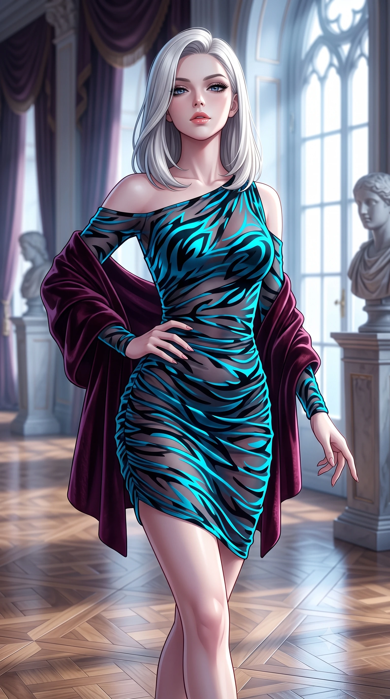 score_9, masterpiece, best quality, ultra-detailed, high-budget anime keyframe, semi-realistic 3D game render, editorial fashion photography, tasteful artistic composition, Caucasian woman. close-up cowboy shot from the waist and thighs up, the character dominates the composition, filling the frame with her large presence. tilting her chin up with proud, sovereign allure while gazing through thick eyelashes, one hand resting on her waist in pure supermodel charisma while gliding down the parquet salon floor as morning north light pours through cathedral windows, her dress clinging to her narrow waist. The composition keeps background elements in soft focus with creamy bokeh. marble bust statues and velvet draperies softened in classical artistic shallow focus. She has an exceptionally elegant, slender, and willowy female figure with an ultra-slim waist, flat toned midriff, narrow ribcage, and sculpted feminine hips creating an alluring, slim hourglass silhouette without bulk. sharp v-shaped jawline, high-bridge nose, intricate jewel-like eyes with depth, thick eyelashes, glossy parted lips with a natural sheen, intensely captivating and seductive bedroom-eyes expression, flawlessly proportioned anatomical accuracy, strict slender model proportions, natural body alignment, perfectly sculpted long slender limbs, ultra-slim waistline, clean dynamic posture without body distortion. wearing a form-contouring cocktail dress with an asymmetrical open shoulder and hip-defining ruching in neon electric cyan and lacquer black, made of sheer contouring power-mesh with velvet flocking patterns, complemented by a plush velvet shawl draped loosely over her elbows, the second-skin form-contouring cut accentuating her sculpted flat midriff, narrow delicate ribcage, and gracefully curvy hips with supermodel precision. illuminated by crisp sculptural key lighting carving her narrow waist, curved hips, and statuesque limbs. highly saturated vibrant anime colors, detailed shading with soft gradients, rich glossy textures, high-contrast stereoscopic depth, volumetric dynamic lighting, master piece, 9:16 ratio