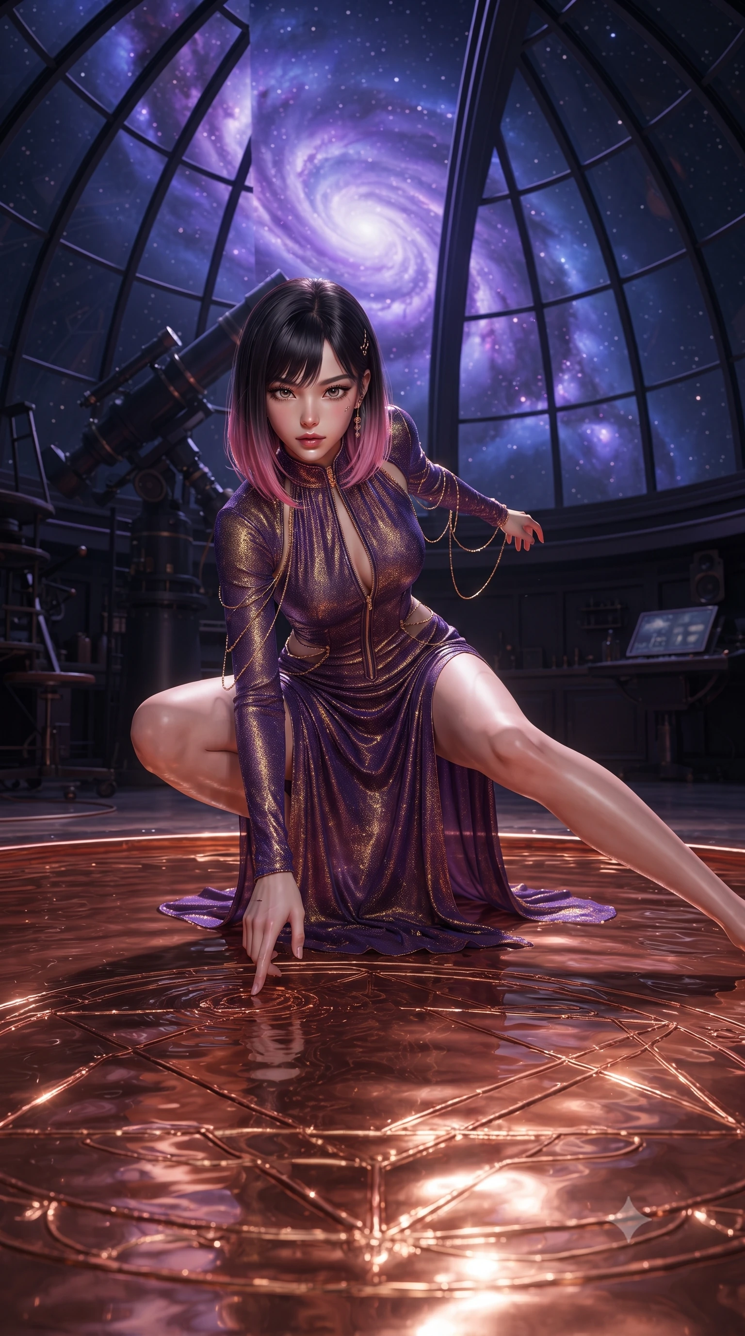 score_9, masterpiece, best quality, ultra-detailed, High-budget Anime Keyframe, editorial fashion photography, tasteful artistic composition, realistic cosplay photography, East Asian woman. Dynamic full-body shot stretching the vertical silhouette to the limit. Scenario 372: tracing geometric patterns in a pool of warm liquid copper inside a high-altitude observatory dome under a swirling violet nebula. Her presence is magnetic and overpowering in this high-budget cinematic scene. Outfit 372: a body-hugging shimmering chiffon long with a unzipped detail and fine gold chains. The clothing is designed to emphasize her exceptionally tall and slender 8-heads proportion. 8-heads proportion, towering silhouette, ultra-slim waist. sharp v-shaped jawline, intricate jewel-like eyes with depth, thick eyelashes, glossy lips. ultra-reflective glossy finish, specular highlights, metallic sheen, high-contrast stereoscopic depth, volumetric dynamic lighting, 2k, ultra detail, master piece, 9:16 ratio