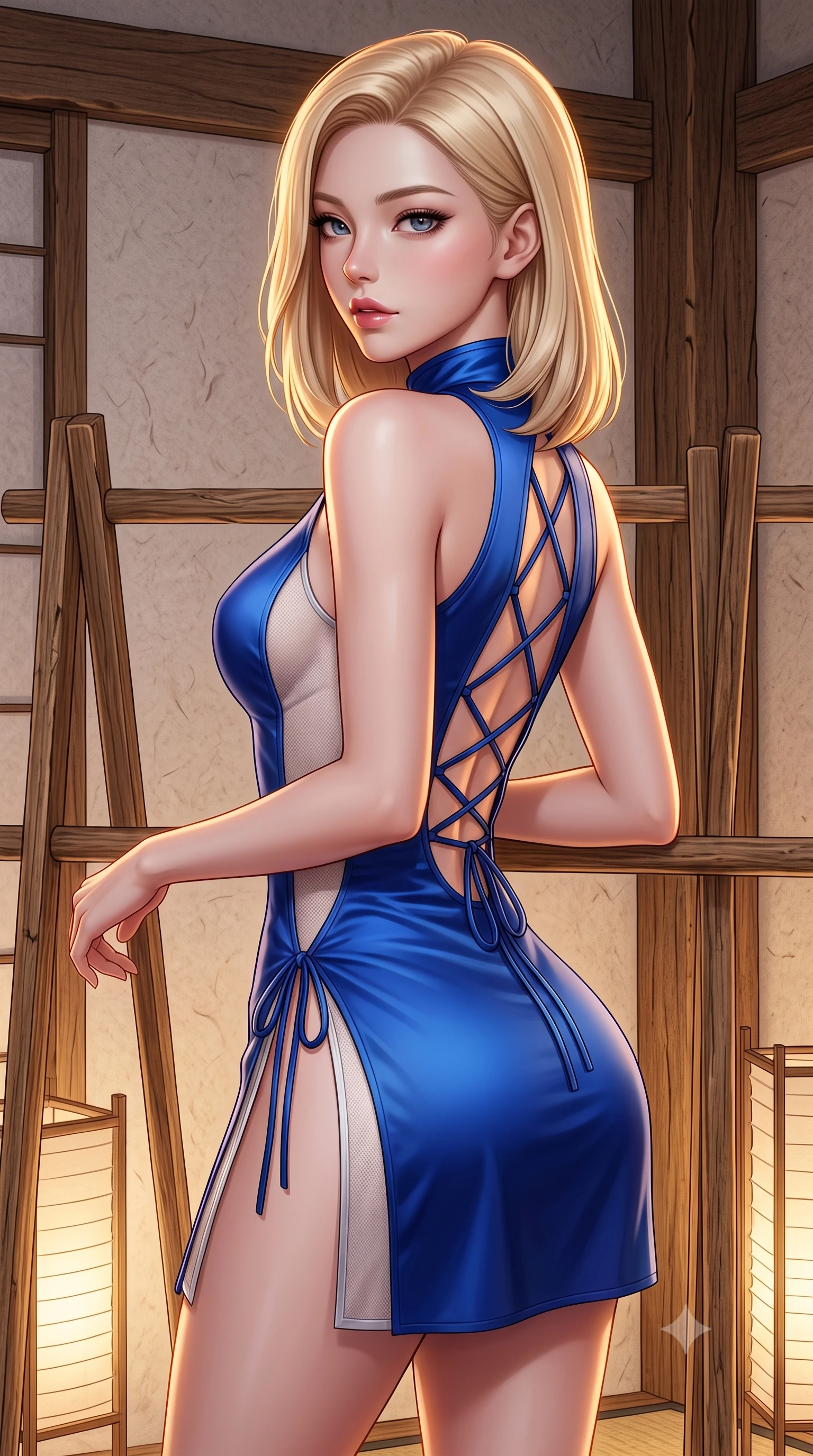 score_9, masterpiece, best quality, ultra-detailed, high-budget anime keyframe, semi-realistic 3D game render, editorial fashion photography, tasteful artistic composition, Korean woman. close-up cowboy shot from the waist and thighs up, the character dominates the composition, filling the frame with her large presence. posing in an alluring rear three-quarter angle, turning over a bare shoulder with an intoxicating gaze, her hips cocked back to highlight her slim hourglass curve while leaning against a rustic oak drying rack with hips cocked back, looking into the lens with an intoxicating, soft bedroom-gaze. The surrounding environment is rendered in vivid detail and crisp panoramic clarity: sharp mulberry paper fiber textures, rough-hewn oak timber grain, and delicate paper lantern framework in deep focus. She has an exceptionally elegant, slender, and willowy female figure with an ultra-slim waist, flat toned midriff, narrow ribcage, and sculpted feminine hips creating an alluring, slim hourglass silhouette without bulk. sharp v-shaped jawline, high-bridge nose, intricate jewel-like dark sparkling almond eyes with depth, thick lashes, glossy parted lips with a natural rose-plum sheen, bright alluring and coquettish smile with bedroom-eyes, exuding both timeless oriental elegance and sovereign high-fashion allure, flawlessly proportioned anatomical accuracy, strict slender model proportions, natural body alignment, perfectly sculpted long slender limbs, ultra-slim waistline, clean dynamic posture without body distortion. wearing a form-contouring sleeveless turtleneck mini dress in liquid silk satin with subtle side hip ties and high slits in royal cobalt blue and starlight platinum, made of sheer technical micro-mesh with contouring shadow effects, finished with criss-cross back satin laces tracing her slender spine, the liquid-tight tailored silk fabric clinging flawlessly to her narrow waist and rounded feminine hips, emphasizing every millimeter of her sculpted slim hourglass curves without any bulky heaviness. illuminated by soft floor uplighting and sharp golden-amber rim lighting carving her razor-sharp jawline, narrow waist, and curvy hips. highly saturated vibrant anime colors, detailed shading with soft gradients, rich glossy textures, high-contrast stereoscopic depth, volumetric dynamic lighting, master piece, 9:16 ratio