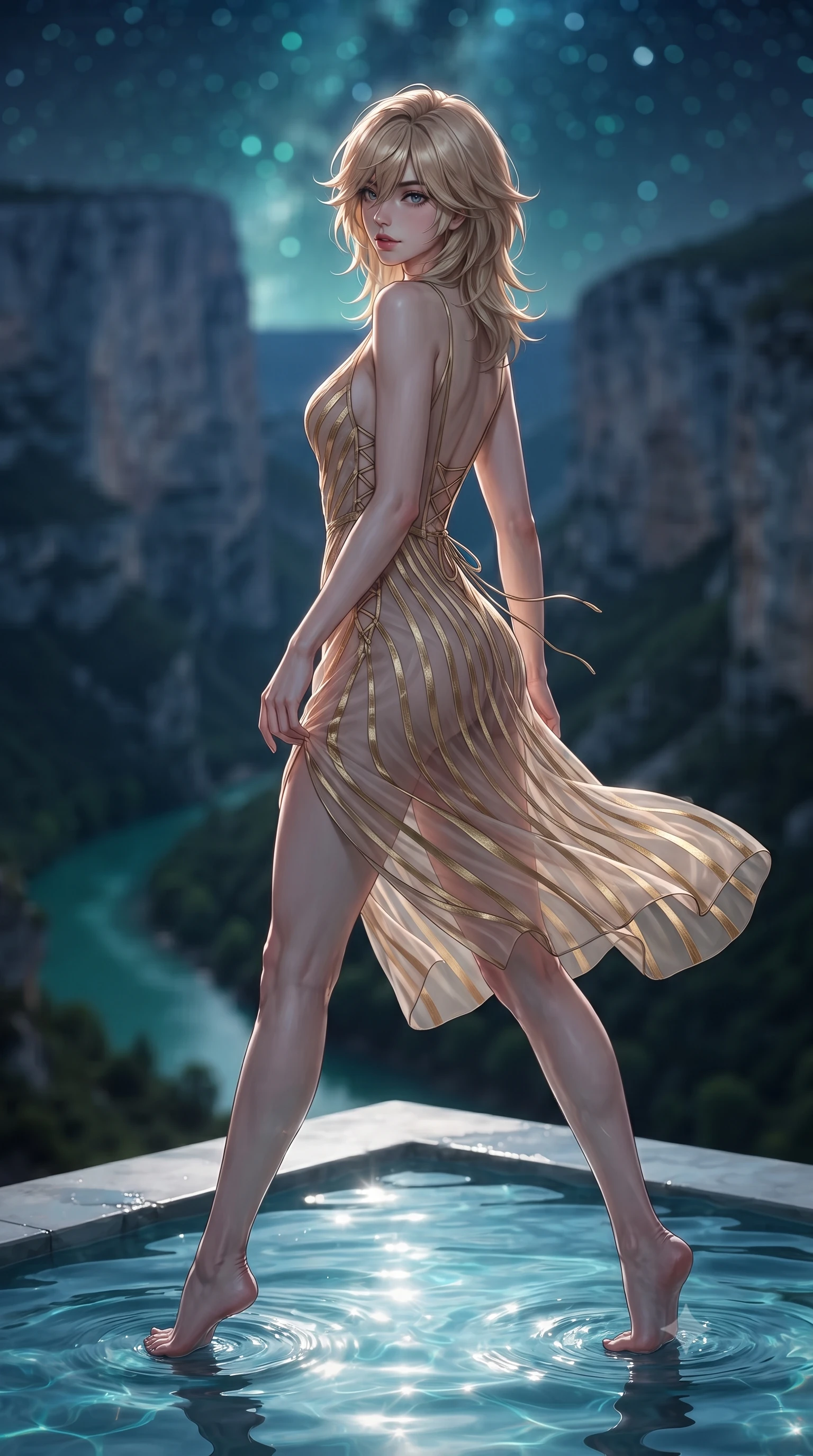 score_9, masterpiece, best quality, ultra-detailed, high-budget anime keyframe, editorial fashion photography, tasteful artistic composition, Japanese woman. low angle full-body shot from head to toe showing her feet, filling the entire 9:16 vertical frame with her statuesque presence, stretching her vertical silhouette. executing a slow, graceful pivot turn as her skirt sways around her slender legs, glancing back with an enchanting, teasing sensual expression while lounging in the heated water propped on the pool rim with legs extended, her statuesque 8.5-heads silhouette commanding the canyon panorama. The background shows a soft-focus monumental vertical limestone canyon walls towering into the night, winding emerald-turquoise Verdon river far below, and starry sky blurred into jade, turquoise, and silver bokeh. She has an exceptionally tall and slender model-like 8.5-heads proportion, an ultra-slim waist, a flat toned midriff, narrow delicate ribcage, and beautifully sculpted feminine hips creating a graceful, slim hourglass silhouette without any bulky heaviness, with impossibly long slender legs. sharp v-shaped jawline, high-bridge nose, intricate jewel-like sparkling eyes with depth, thick eyelashes, glossy parted lips with a natural peach sheen, bright cheerful beaming smile with an enchanting and coquettish sensual glint, exuding both youthful cute charm and seductive allure, flawlessly proportioned anatomical accuracy, strict slender model proportions, natural body alignment, perfectly sculpted long slender limbs, ultra-slim waistline, clean dynamic posture without body distortion. wearing a plunge-front sheer illusion tulle slip dress with liquid gold ribbon stripes hugging her curves in Joshua Tree Mojave obsidian and starlight platinum, tailored from ultra-plush silk velvet with rich tactile depth and deep shadow gradients, featuring fine criss-cross lace-up side ties revealing tantalizing glimpses of her hip curve, the precision-cut side openings and low-back scoop framing her graceful spine and the sensual sweep of her slim, toned hips. illuminated by pool water reflection bounce and sharp platinum-cyan rim lights defining her dewy collarbones, ultra-slim waist, and curvy hips. ultra-reflective glossy finish, specular highlights, rich textural contrasts, high-contrast stereoscopic depth, volumetric dynamic lighting, 2k, ultra detail, master piece, 9:16 ratio