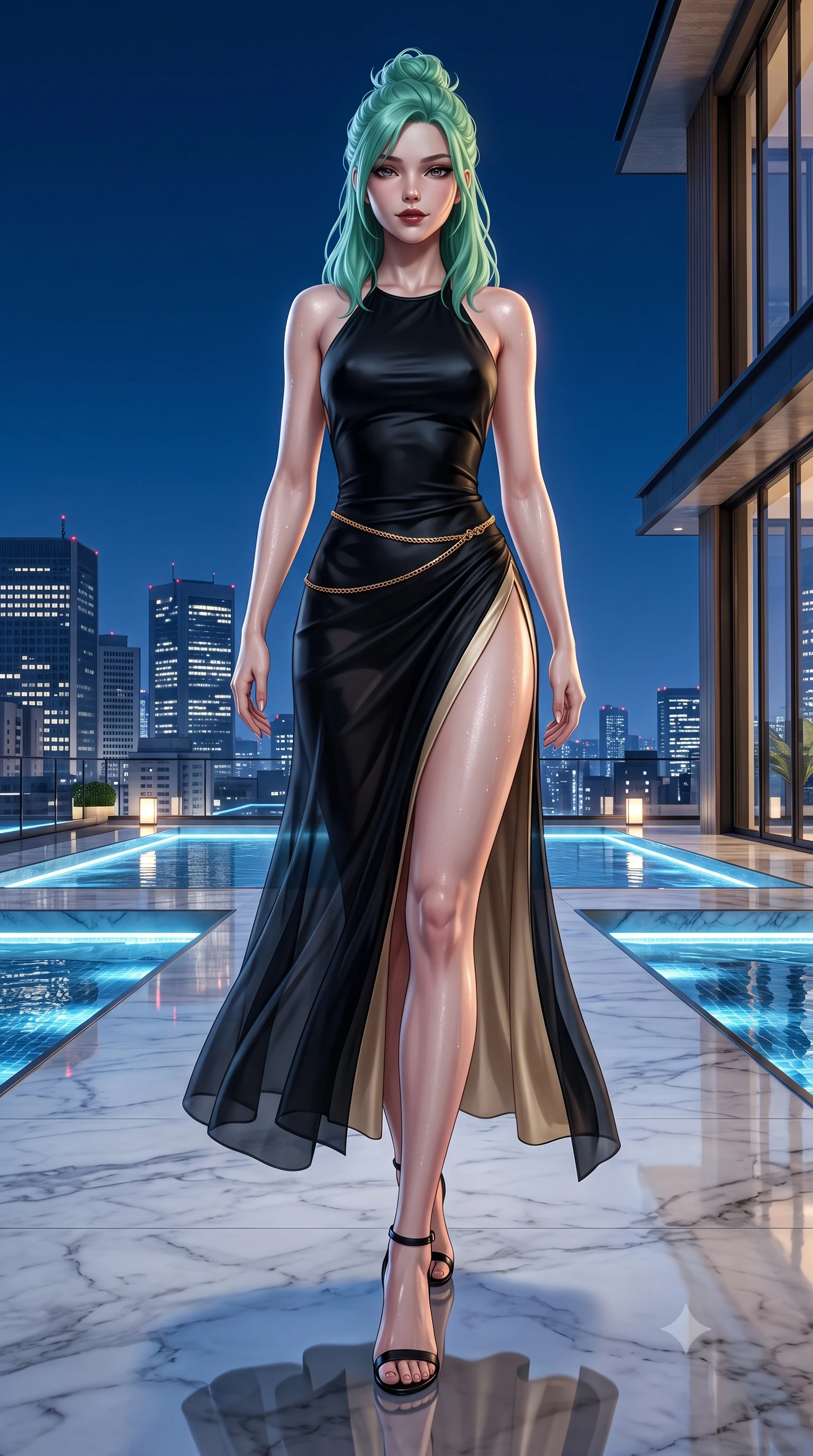 score_9, masterpiece, best quality, ultra-detailed, high-budget anime keyframe, semi-realistic 3D game render, editorial fashion photography, tasteful artistic composition, Japanese woman. low angle full-body shot from head to toe showing her feet, filling the entire 9:16 vertical frame with her statuesque presence, stretching her vertical silhouette. striding forward gracefully across the reflective floor with sovereign supermodel poise, hips swaying in an alluring kinetic rhythm that accentuates her curvy hourglass silhouette and long slender legs while reclining gracefully on an oversized white leather daybed under the open midnight sky, her long slender legs and hourglass curves commanding the frame. The surrounding environment is rendered in vivid detail and crisp panoramic clarity. detailed evening wear sheen, glistening moisture on skin, and Tokyo skyline architectural precision in high resolution. She has an exceptionally tall and slender model-like 8.5-heads proportion, an ultra-slim waist, a flat toned midriff, narrow delicate ribcage, and beautifully sculpted feminine hips creating a graceful, slim hourglass silhouette without any bulky heaviness, with impossibly long slender legs. sharp v-shaped jawline, high-bridge nose, intricate jewel-like dark sparkling eyes with dangerous depth, thick curled eyelashes, glossy parted lips with a rich wine sheen, smoldering seductive half-smile with bedroom-eyes, exuding effortless superiority and intoxicating dark allure, flawlessly proportioned anatomical accuracy, strict slender model proportions, natural body alignment, perfectly sculpted long slender limbs, ultra-slim waistline, clean dynamic posture without body distortion. wearing a backless liquid jet-black halter slip dress with a thigh-high side slit ascending to the high hip in midnight jet-black and liquid champagne gold, crafted from layered gossamer black organza with weightless, smoky flutter, finished with a delicate gold snake chain belt resting loosely across her curvy hips, the liquid-tight tailored fabric clinging flawlessly to her narrow waist and rounded feminine hips, emphasizing every millimeter of her sculpted slim hourglass curves without any bulky heaviness. illuminated by underwater pool LED accents and crisp platinum rim lighting sharply defining her slim waist, toned midriff, and curvy hips. highly saturated vibrant anime colors, detailed shading with soft gradients, rich glossy textures, high-contrast stereoscopic depth, volumetric dynamic lighting, master piece, 9:16 ratio
