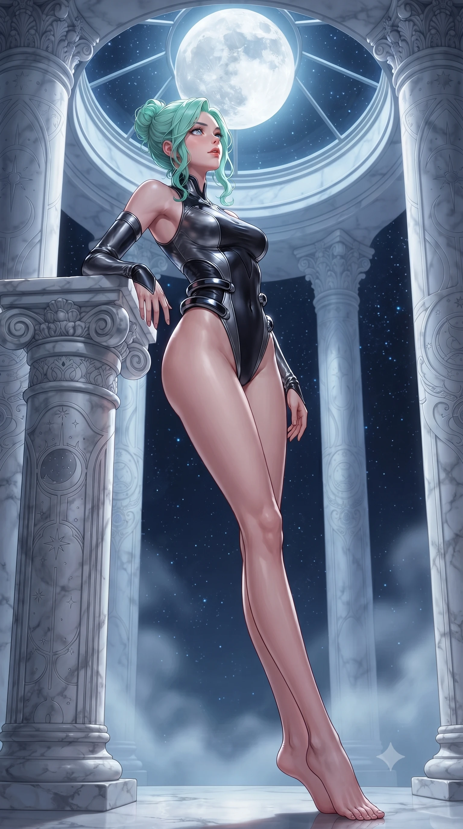 score_9, masterpiece, best quality, ultra-detailed, high-budget anime keyframe, editorial fashion photography, tasteful artistic composition, Japanese woman. low angle full-body shot from head to toe showing her feet, filling the entire 9:16 vertical frame with her statuesque presence, stretching her vertical silhouette. leaping dynamically through the starry space, her posture full of power and elegance, resting against a carved marble column looking up at a full moon through glass, alabaster columns framed by gentle water vapor in soft background focus. She has an absolutely perfect, statuesque 8.5-heads proportion, an exceptionally tall and slender model-like female figure with impossibly long slender legs and an ultra-slim waist. sharp v-shaped jawline, high-bridge nose, intricate jewel-like eyes with depth, thick eyelashes, glossy lips with a natural sheen. wearing asymmetric high-cut cyber-bodysuit with detached sleeves in onyx black in metallic dark silver, made of liquid dark mercury jersey, accented with sculpted obsidian chrome rings at the waist, the fitted fabric emphasizing her ultra-slim waist. surrounded by a serene moonlit aura with sharp silver rim lights. highly saturated vibrant anime colors, detailed shading with soft gradients, rich glossy textures, high-contrast stereoscopic depth, volumetric dynamic lighting, master piece, 9:16 ratio