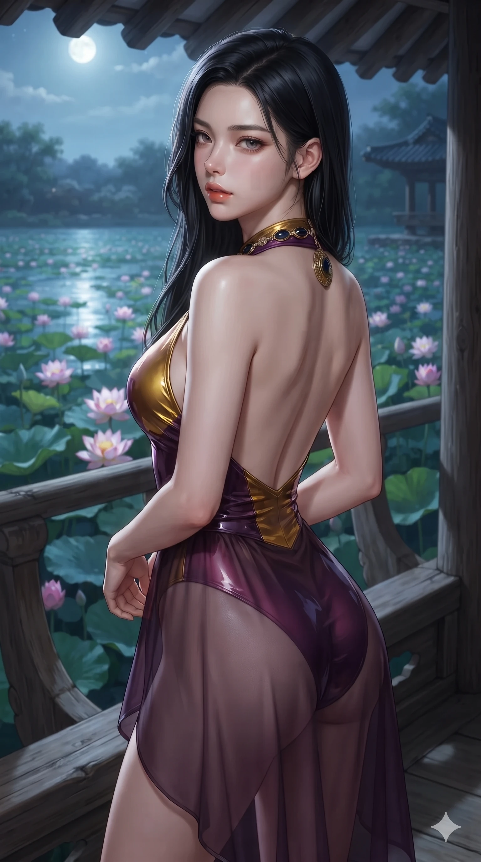 score_9, masterpiece, best quality, ultra-detailed, high-budget anime keyframe, editorial fashion photography, tasteful artistic composition, Korean woman. close-up cowboy shot from the waist and thighs up, the character dominates the composition, filling the frame with her large presence. posing in an alluring rear three-quarter angle, looking over a bare shoulder with parted glossy lips, her hips cocked back to highlight her slim hourglass curve while standing poised at the edge of the open-air pavilion, looking out over the blooming lotus blossoms with sleepy, seductive bedroom-eyes. The surrounding environment is rendered in vivid detail and crisp panoramic clarity: detailed backless silk halter leotard tailoring, sheer wrap overskirt drape, and traditional Korean pavilion joinery in razor-sharp precision. She has an exceptionally elegant, slender, and willowy female figure with an ultra-slim waist, flat toned midriff, narrow ribcage, and sculpted feminine hips creating an alluring, slim hourglass silhouette without bulk. sharp v-shaped jawline, high-bridge nose, sparkling eyes with hypnotic seductive depth, thick curled eyelashes, glossy parted lips with a natural dewy peach sheen, alluring bedroom-eyes with an enchanting coquettish smile, exuding magnetic siren charisma and sophisticated glamour, flawlessly proportioned anatomical accuracy, strict slender model proportions, natural body alignment, perfectly sculpted long slender limbs, ultra-slim waistline, clean dynamic posture without body distortion. wearing a liquid-tight backless silk halter leotard styled with a sheer wrap overskirt revealing her hip curve in imperial gold and royal plum purple, crafted from wet-look high-gloss vinyl fabric with dazzling specular surface reflections, accented with an authentic engraved gold medallion and obsidian cabochons, the bespoke structured tailoring following the natural line of her 8.5-heads silhouette with refined elegance. illuminated by pond surface moonbeam bounce and sharp platinum rim lights sculpting her razor-sharp jawline, narrow waist, and curvy hips. ultra-reflective glossy finish, specular highlights, rich textural contrasts, high-contrast stereoscopic depth, volumetric dynamic lighting, 2k, ultra detail, master piece, 9:16 ratio