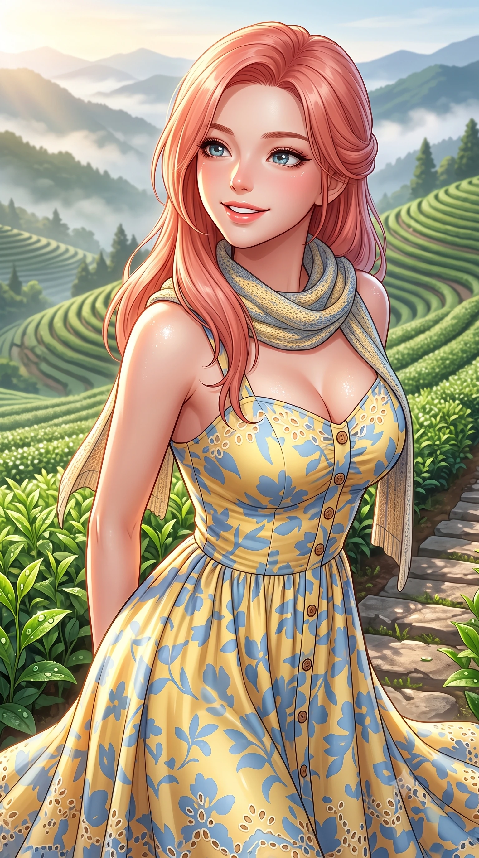 score_9, masterpiece, best quality, ultra-detailed, high-budget anime keyframe, semi-realistic 3D game render, editorial fashion photography, tasteful artistic composition, Japanese woman. close-up cowboy shot from the waist and thighs up, the character dominates the composition, filling the frame with her large presence. smiling warmly with slightly parted glossy lips and a lovely expression, her upper body turning dynamically toward the camera while gazing across layers of misty mountain ridges with sparkling, hopeful eyes and a radiant expression. The surrounding environment is rendered in vivid detail and crisp panoramic clarity. glistening morning dewdrops on fresh tea leaves, neat curving terrace contours, and stone steps in sharp focus. She has an exceptionally elegant, slender, and willowy female figure with an ultra-slim waist, a gracefully sculpted slender torso, toned flat midriff, and a refined slim silhouette. sharp v-shaped jawline, high-bridge nose, intricate jewel-like eyes with depth, thick eyelashes, glossy lips with a natural sheen, pure and lovely fresh girlhood expression, flawlessly proportioned anatomical accuracy, strict slender model proportions, natural body alignment, perfectly sculpted long slender limbs, ultra-slim waistline, clean dynamic posture without body distortion. wearing an airy eyelet lace cotton midi dress with a sweetheart neckline and wooden front buttons in sunny daffodil yellow and french blue, crafted from smooth fluid silk satin with a natural gentle sheen, finished with a lightweight knitted scarf draped loosely around her neck, the body-hugging lightweight knit clinging delicately to her slender torso, accentuating her graceful neck and feminine lines. illuminated by gentle morning sunbeams casting a warm, dewy glow on her skin and attire. highly saturated vibrant anime colors, detailed shading with soft gradients, rich glossy textures, high-contrast stereoscopic depth, volumetric dynamic lighting, master piece, 9:16 ratio