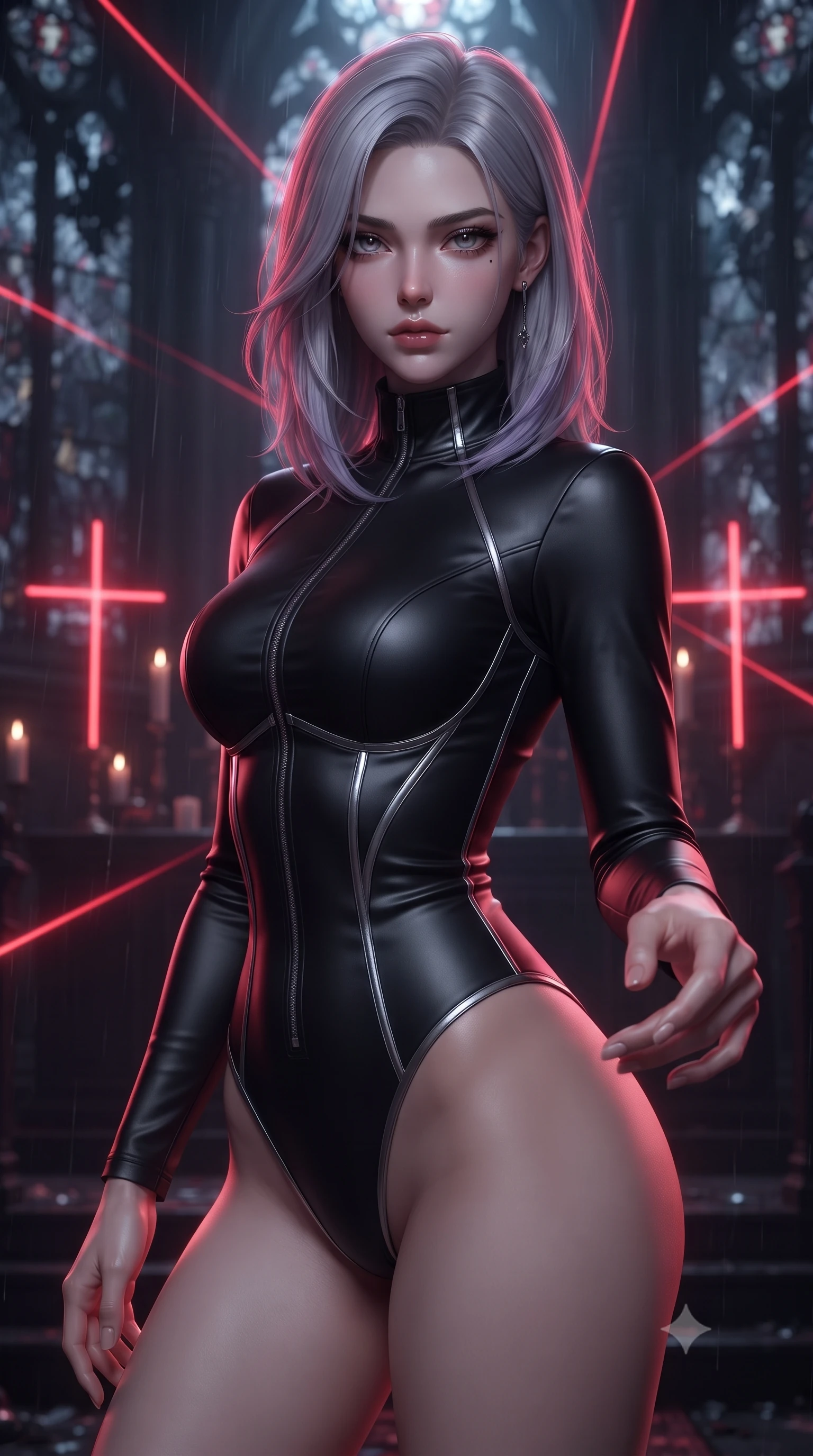 score_9, masterpiece, best quality, ultra-detailed, high-budget anime keyframe, editorial fashion photography, tasteful artistic composition, Caucasian woman. close-up cowboy shot from the waist and thighs up, the character dominates the composition, filling the frame with her large presence, background elements kept in soft focus. Reaching one hand toward the viewer with relaxed dark elegance, poised at the altar of a dark cyber-gothic sanctuary illuminated by glowing red laser crosses, midnight rain streaming down shattered dark stained glass. She has an exceptionally elegant, slender, and willowy female figure with an ultra-slim waist, a gracefully sculpted slender torso, and a refined silhouette. sharp v-shaped jawline, high-bridge nose, intricate jewel-like eyes with depth, thick eyelashes, glossy lips with a natural sheen. wearing sleek high-neck ribbed activewear bodysuit in matte black in obsidian black, made of soft dark satin, finished with metallic silver boning and sleek zipper points, accentuating her gracefully sculpted slender torso. bathed in sharp crimson laser rim light piercing cold midnight shadows. highly saturated vibrant anime colors, detailed shading with soft gradients, rich glossy textures, high-contrast stereoscopic depth, volumetric dynamic lighting, master piece, 9:16 ratio