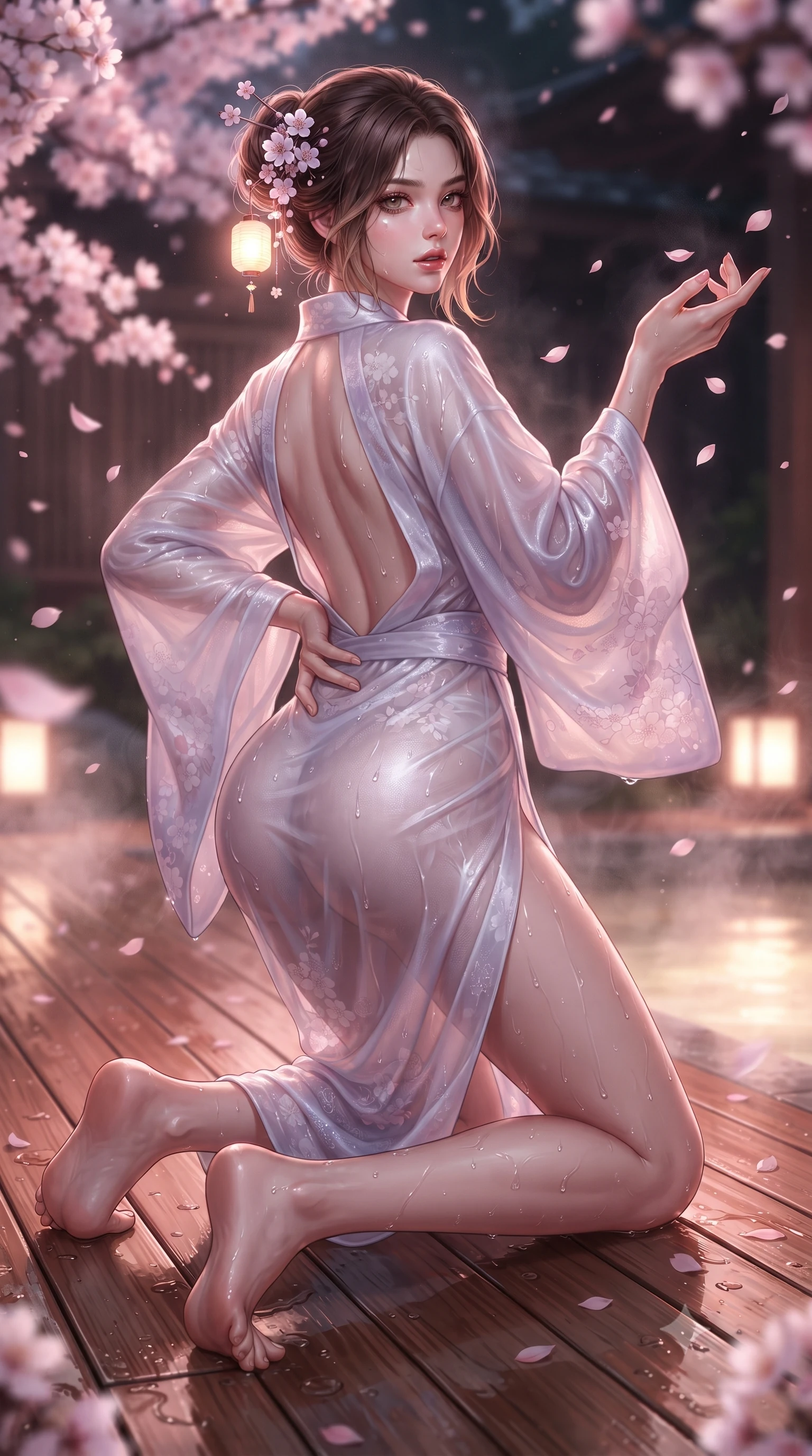 score_9, masterpiece, best quality, ultra-detailed, high-budget anime keyframe, editorial fashion photography, tasteful artistic composition, Korean woman. low angle full-body shot from head to toe showing her feet, filling the entire 9:16 vertical frame with her statuesque presence, stretching her vertical silhouette. striding forward in a proud supermodel runway stride, hips swaying in an alluring kinetic rhythm that accentuates her curvy hourglass silhouette while kneeling gracefully on the warm wet cedar deck, one hand resting on her bare hip as thermal steam caresses her feminine curves. The surrounding environment is rendered in vivid detail and crisp panoramic clarity. sharp wet hinoki wood grain, distinct water droplet tracks on skin, and delicate cherry blossom petals in deep focus. She has an absolutely perfect, statuesque 8.5-heads proportion, an exceptionally tall and slender model-like female figure with impossibly long slender legs, a toned flat midriff, an ultra-slim waist, and beautifully sculpted feminine hips. sharp v-shaped jawline, high-bridge nose, intricate jewel-like eyes with depth, thick eyelashes, glossy parted lips with a natural sheen, intensely captivating and seductive bedroom-eyes expression, flawlessly proportioned anatomical accuracy, strict slender model proportions, natural body alignment, perfectly sculpted long slender limbs, ultra-slim waistline, clean dynamic posture without body distortion. wearing a delicate semi-translucent silk yukata that clings to her wet skin and curvy hip contours in ethereal lilac mist and pearlescent white, made of flexible second-skin stretch neoprene with specular sheen, accented with delicate cherry blossom hairpins and glowing paper lantern charms, the dramatically scooped open back descending to the base of her spine, accentuating her razor-sharp statuesque lines and curvy hourglass silhouette. bathed in soft pink cherry blossom ambient glow and warm underwater mineral pool lights. ultra-reflective glossy finish, specular highlights, rich textural contrasts, high-contrast stereoscopic depth, volumetric dynamic lighting, 2k, ultra detail, master piece, 9:16 ratio