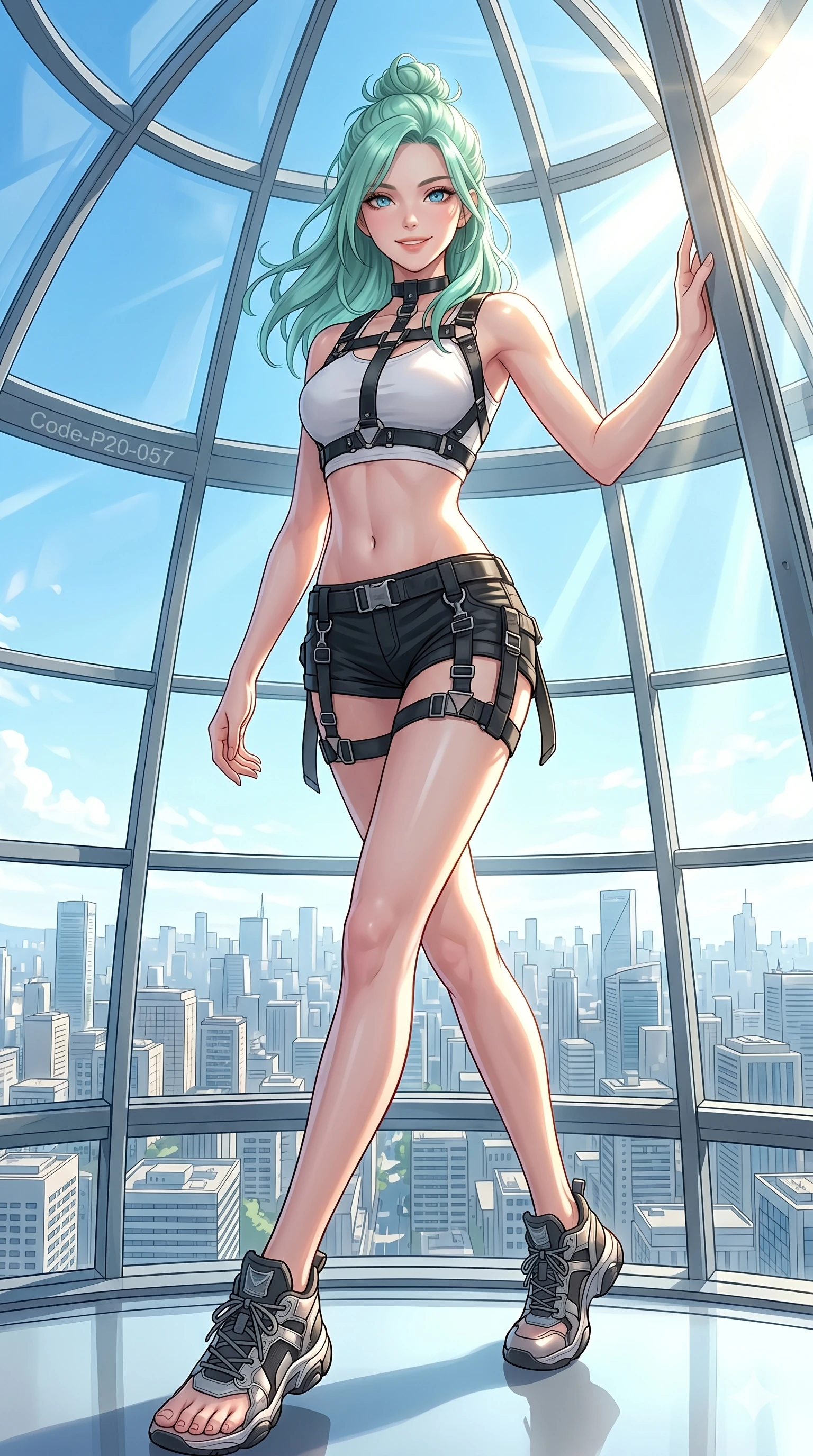 score_9, masterpiece, best quality, ultra-detailed, high-budget anime keyframe, vibrant anime aesthetic, Japanese woman. low angle full-body shot from head to toe showing her feet, filling the entire 9:16 vertical frame with her statuesque presence, stretching her vertical silhouette. She is posing with a warm, sensual smile, her eyes glowing with lively energy inside a modern architectural glass dome overlooking the city (Code-P20-057). She has an absolutely perfect 8-heads proportion, an exceptionally tall and slender female figure with impossibly long slender legs and an ultra-slim waist. V-shaped jawline, high-bridge nose, intricate jewel-like eyes with depth, thick eyelashes, glossy lips with a natural sheen. wearing a harness over a crop top exposing her bare midriff and micro-shorts. She is illuminated by a brilliant midday sun, highlighting her athletic figure and smile. 2k, ultra detail, master piece, 9:16 ratio