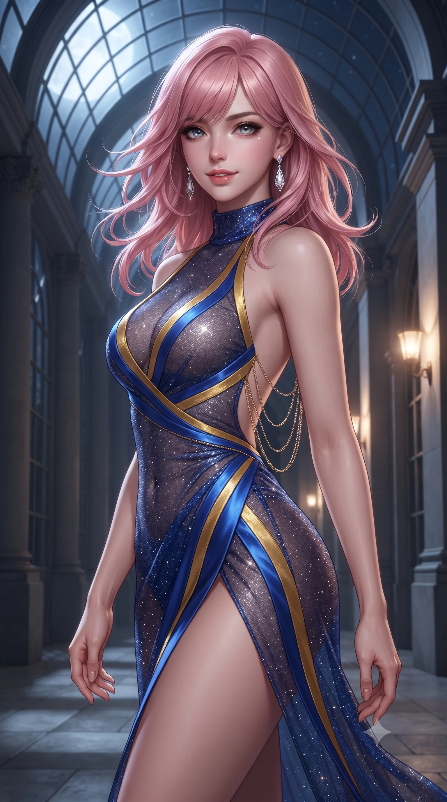 score_9, masterpiece, best quality, ultra-detailed, high-budget anime keyframe, editorial fashion photography, tasteful artistic composition, Japanese woman. close-up cowboy shot from the waist and thighs up, the character dominates the composition, filling the frame with her large presence. turning slowly with an enchanting smoldering smile, her glossy hair tossing in the breeze as her hips angle gracefully in a captivating contrapposto while standing framed inside the monumental glass-arched colonnade of the Orangery, arching her lower back to emphasize her curvy hips as night breezes drift from the gardens. The surrounding environment is rendered in vivid detail and crisp panoramic clarity: detailed deep sweetheart velvet bodycon dress cling, diamond drop earrings gleam, and Habsburg architectural grandeur in high resolution. She has an exceptionally elegant, slender, and willowy female figure with an ultra-slim waist, flat toned midriff, narrow ribcage, and sculpted feminine hips creating an alluring, slim hourglass silhouette without bulk. sharp v-shaped jawline, high-bridge nose, sparkling eyes with hypnotic seductive depth, thick curled eyelashes, glossy parted lips with a natural dewy peach sheen, alluring bedroom-eyes with an enchanting coquettish smile, exuding magnetic siren charisma and sophisticated glamour, flawlessly proportioned anatomical accuracy, strict slender model proportions, natural body alignment, perfectly sculpted long slender limbs, ultra-slim waistline, clean dynamic posture without body distortion. wearing a provocative high-neck sheer illusion cocktail dress with liquid satin ribbons contouring her curves in Marrakesh cobalt majorelle blue and saffron gold, woven from stretch metallic lurex jersey casting radiant starlight glints across her silhouette, accented with an open-back drape framed by falling strands of delicate gold chains, the high-slit wrap tailoring accentuating her ultra-slim waistline and the enchanting curve of her feminine hips with alluring seductive charm. bathed in cool silver full moonlight pouring through soaring glass arches mixed with warm 2700K interior wall sconce glow. ultra-reflective glossy finish, specular highlights, rich textural contrasts, high-contrast stereoscopic depth, volumetric dynamic lighting, 2k, ultra detail, master piece, 9:16 ratio