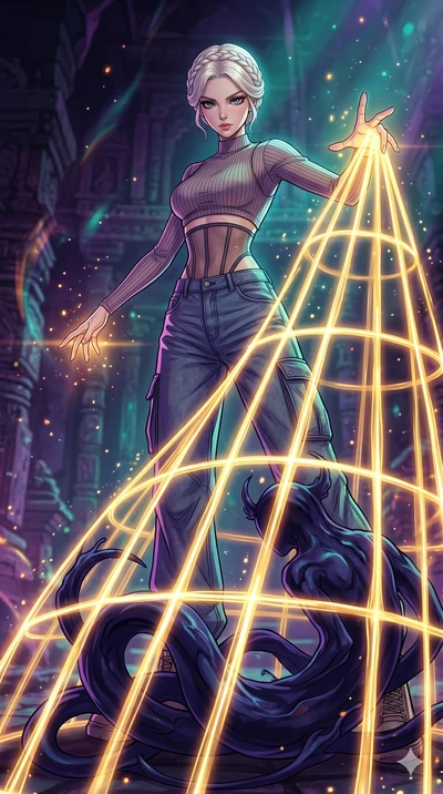 score_9, masterpiece, best quality, ultra-detailed, high-budget anime movie keyframe, cinematic anime lighting, intricate line art, Japanese woman. Low angle cowboy shot capturing a powerful motion and statuesque presence. weaving a cage of golden ba