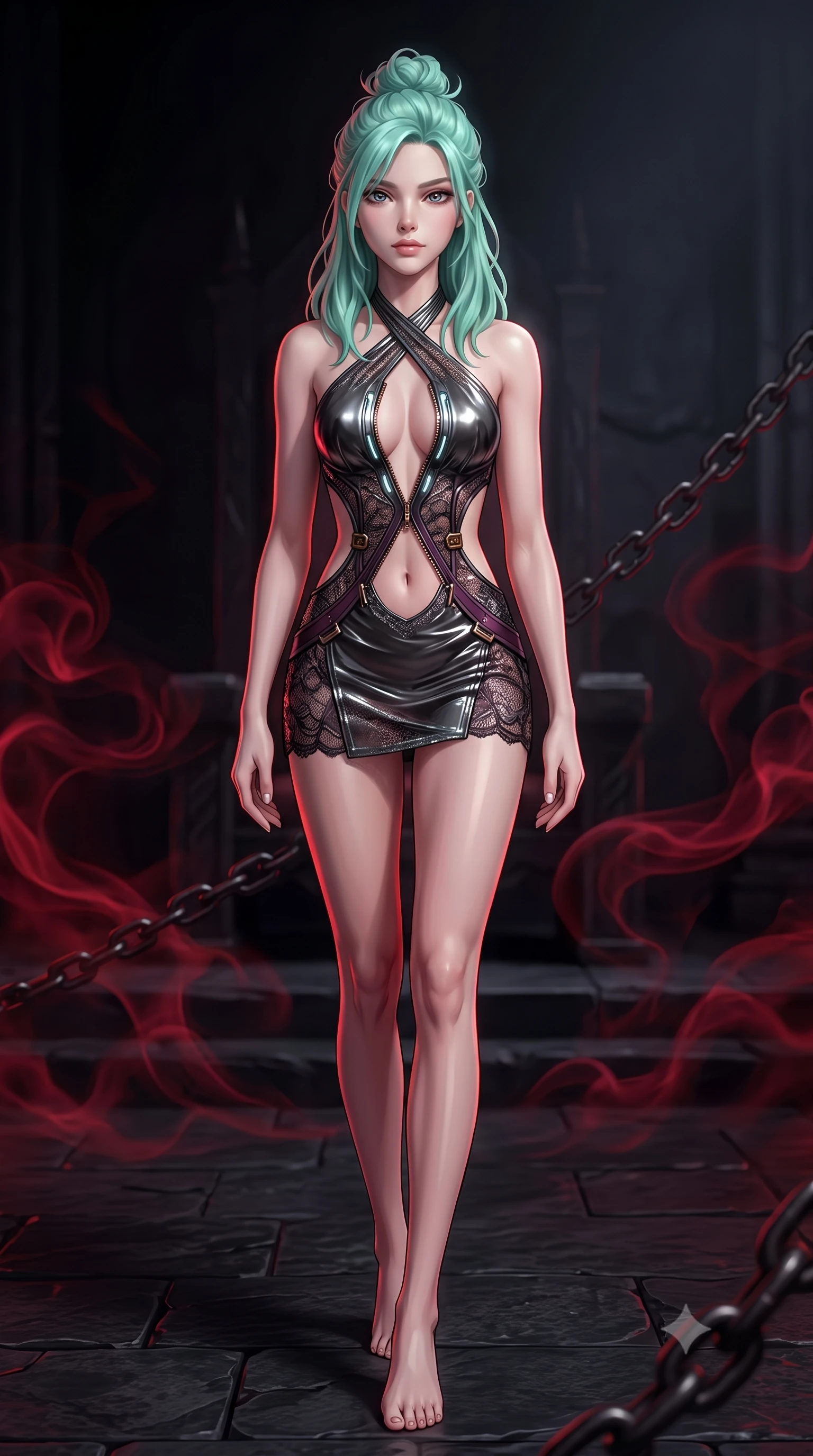 score_9, masterpiece, best quality, ultra-detailed, high-budget anime keyframe, semi-realistic 3D game render, editorial fashion photography, tasteful artistic composition, Japanese woman. low angle full-body shot from head to toe showing her feet, filling the entire 9:16 vertical frame with her statuesque presence, stretching her vertical silhouette. striding forward in a proud, statuesque motion with a dangerous smolder, hips swaying with fierce allure, dominating the frame from head to toe while stepping forward from the shadows of the throne room with a haughty, bedroom-eyed smolder commanding total submission. The surrounding environment is rendered in vivid detail and crisp panoramic clarity. crisp black stone floor textures, curling crimson smoke filaments, and iron chain details in high clarity. She has an absolutely perfect, statuesque 8.5-heads proportion, an exceptionally tall and slender model-like female figure with impossibly long slender legs, a toned flat midriff, and an ultra-slim waist. sharp v-shaped jawline, high-bridge nose, intricate jewel-like eyes with depth, thick eyelashes, glossy lips with a natural sheen, flawlessly proportioned anatomical accuracy, strict slender model proportions, natural body alignment, perfectly sculpted long slender limbs, ultra-slim waistline, clean dynamic posture without body distortion. wearing a molten gunmetal liquid-metal mini dress featuring deep side-waist cutouts and a daring crossover halter neckline in dark plum purple and antique bronze hardware, crafted from delicate dark lace interwoven with luminescent micro-fibers, featuring a dangerously unzipped neckline framed by subtle glowing cybernetic accents, the precision-cut daring openings accentuating her delicate midriff, graceful bare collarbones, and ultra-slim feminine waistline. illuminated by sharp red rim highlights tracing her ultra-slim waist, long legs, and flat midriff. rich saturated anime colors with deep moody shadows, detailed chiaroscuro shading with soft gradients, rich glossy textures, high-contrast stereoscopic depth, volumetric dynamic shadow lighting, master piece, 9:16 ratio