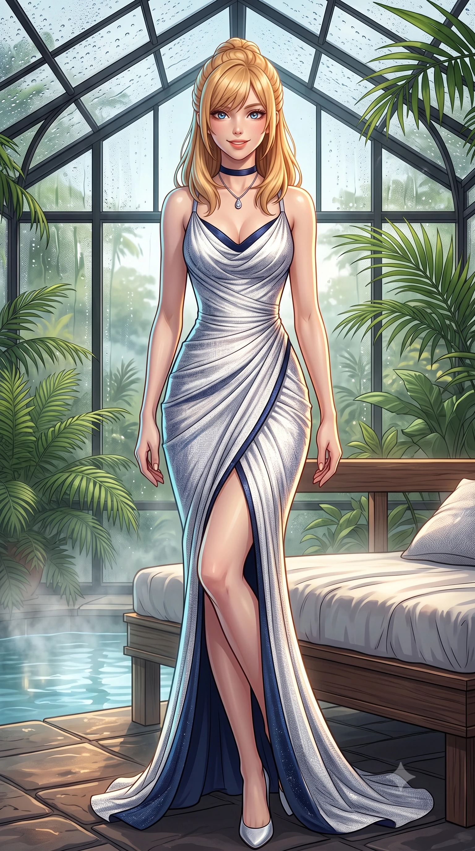score_9, masterpiece, best quality, ultra-detailed, high-budget anime keyframe, editorial fashion photography, tasteful artistic composition, Caucasian woman. low angle full-body shot from head to toe showing her feet, filling the entire 9:16 vertical frame with her statuesque presence, stretching her vertical silhouette. lounging on the lavish daybed with legs crossed and hips angled toward the camera, displaying her toned midriff and long slender limbs with effortless siren poise while standing poised on the heated lava stone deck beside the steaming botanical thermal pool under the soaring glass conservatory truss, arching her back with siren allure. The surrounding environment is rendered in vivid detail and crisp panoramic clarity: sharp black iron greenhouse frame mullions, exotic fern frond veins, and water droplet condensation beads on glass in deep focus. She has an exceptionally tall and slender model-like 8.5-heads proportion, an ultra-slim waist, a flat toned midriff, narrow delicate ribcage, and beautifully sculpted feminine hips creating a graceful, slim hourglass silhouette without any bulky heaviness, with impossibly long slender legs. sharp v-shaped jawline, high-bridge nose, intricate jewel-like sparkling eyes with depth, thick eyelashes, glossy parted lips with a natural peach sheen, bright cheerful beaming smile with an enchanting and coquettish sensual glint, exuding both youthful cute charm and seductive allure, flawlessly proportioned anatomical accuracy, strict slender model proportions, natural body alignment, perfectly sculpted long slender limbs, ultra-slim waistline, clean dynamic posture without body distortion. wearing a form-fitting Andalusian liquid silk jersey flamenco-draped cocktail dress clinging to her narrow waist and rounded hips in Mount Fuji snow-peak white and midnight indigo silk, woven from structured British tweed with subtle metallic flecks, finished with a thin velvet ribbon choker and a single teardrop diamond pendant, the glove-like clinging cut tightly following the natural contour of her hips and long slender legs with youthful 8.5-heads elegance. illuminated by mineral pool specular bounce and sharp gold-cyan dual rim lights sculpting her jawline, narrow waist, and curvy hips. ultra-reflective glossy finish, specular highlights, rich textural contrasts, high-contrast stereoscopic depth, volumetric dynamic lighting, 2k, ultra detail, master piece, 9:16 ratio