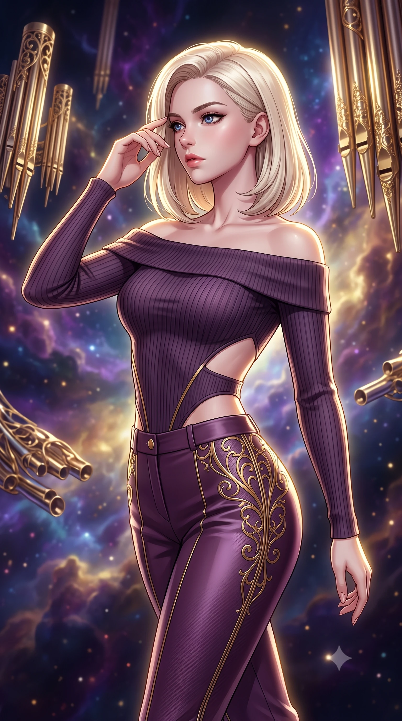 score_9, masterpiece, best quality, ultra-detailed, high-budget anime keyframe, editorial fashion photography, tasteful artistic composition, Caucasian woman. close-up cowboy shot from the waist and thighs up, the character dominates the composition, filling the frame with her large presence, background elements kept in soft focus. Resting her fingers gracefully near her temple, casting a sharp mysterious side-gaze during her stride while pivoting her body in a dynamic S-curve as cosmic nebula clouds swirl around her, golden filigree organ pipes casting intricate metallic reflections in mid-air. She has an exceptionally elegant, slender, and willowy female figure with an ultra-slim waist, a gracefully sculpted slender torso, and a refined silhouette. sharp v-shaped jawline, high-bridge nose, intricate jewel-like eyes with depth, thick eyelashes, glossy lips with a natural sheen, flawlessly proportioned anatomical accuracy, natural body alignment, perfectly sculpted elegant limbs, clean dynamic posture without body distortion. wearing a sleek off-shoulder ribbed knit top paired with high-waist tailored pants in plum purple and gold filigree, made of fine carbon-fiber weave and soft matte leather, featuring clean architectural cutouts along her slender torso, the elegant draped fit framing her graceful clavicle and slender torso. surrounded by a divine cosmic aura with bright golden specular rim lights. highly saturated vibrant anime colors, detailed shading with soft gradients, rich glossy textures, high-contrast stereoscopic depth, volumetric dynamic lighting, master piece, 9:16 ratio