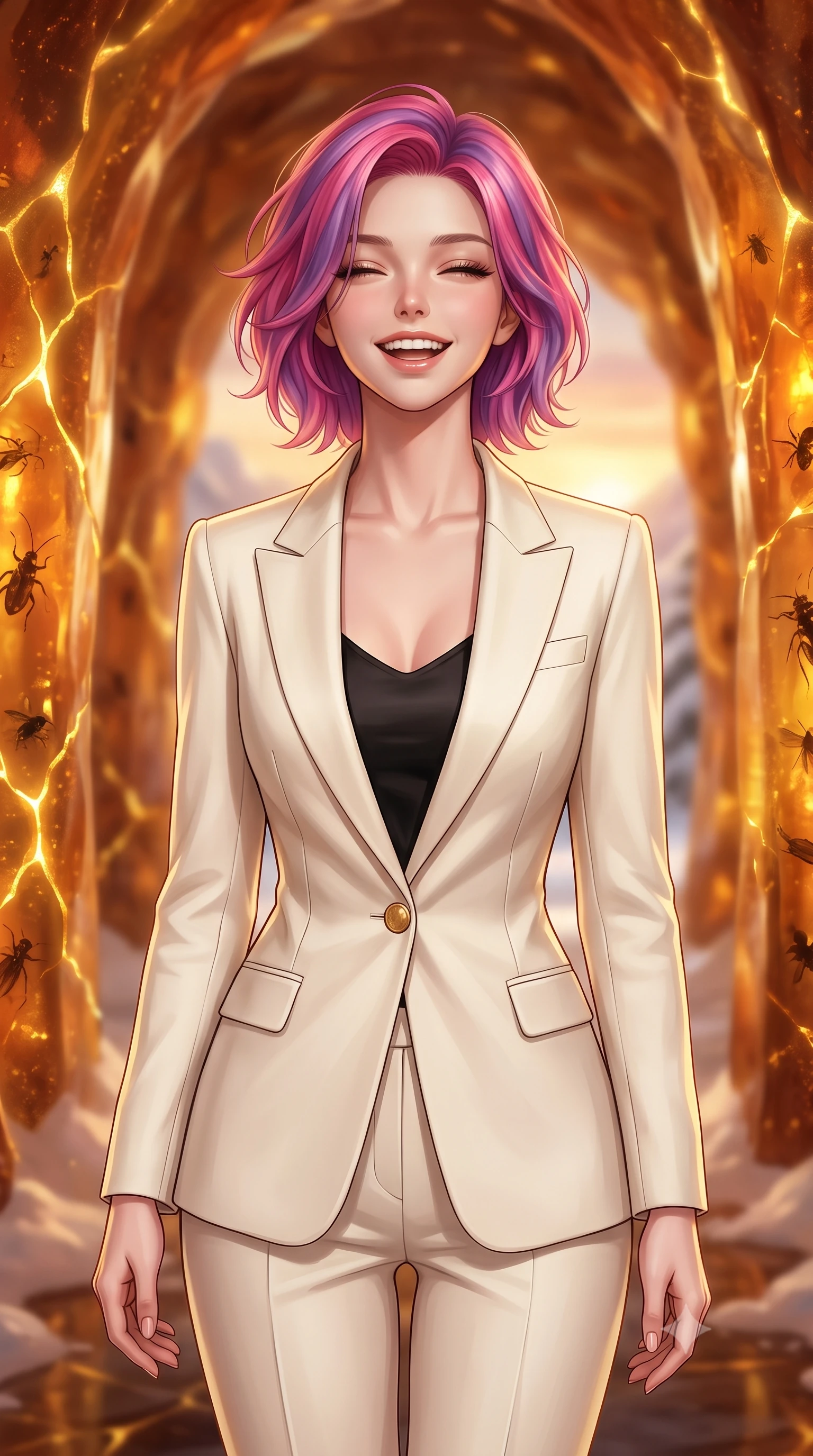 score_9, masterpiece, best quality, ultra-detailed, high-budget anime keyframe, editorial fashion photography, tasteful artistic composition, Caucasian woman, strictly human ears. close-up cowboy shot from the waist and thighs up, the character dominates the composition, filling the frame with her large presence, background elements kept in soft focus. Gently laughing with her head tilted back slightly in relaxed joy. set against a soft-focus background of standing inside a grand corridor of a palace made entirely of warm fossilized amber in a snowy pine mountain valley, glowing from within during a winter sunset. She has an exceptionally elegant, slender, and willowy female figure with a highly-defined ultra-slim waist, a gracefully sculpted slender torso, and a refined slim-fit silhouette that contours her form. sharp v-shaped jawline, high-bridge nose, intricate jewel-like eyes with depth, thick eyelashes, glossy lips with a natural sheen. wearing a structured ivory crepe pantsuit with a single gold button, worn over a black silk camisole. glowing kintsugi gold light radiating from cracks in the environment creating a majestic inner glow. 2k, ultra detail, master piece, 9:16 ratio
