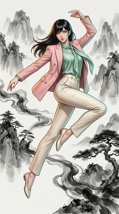 score_9, masterpiece, best quality, ultra-detailed, high-budget anime keyframe, editorial fashion photography, tasteful artistic composition, Caucasian woman, strictly human ears. low angle full-body shot from head to toe showing her feet, filling th