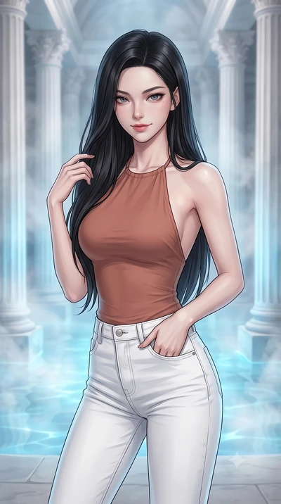 score_9, masterpiece, best quality, ultra-detailed, high-budget anime keyframe, editorial fashion photography, tasteful artistic composition, Korean woman. close-up cowboy shot from the waist and thighs up, the character dominates the composition, fi