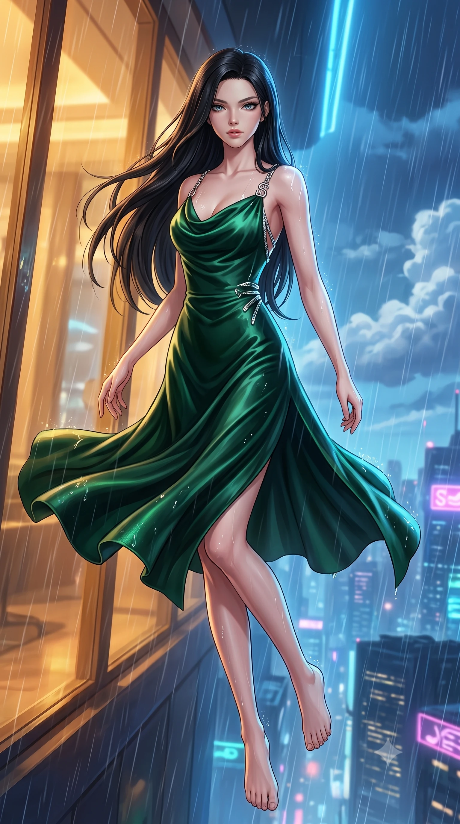 score_9, masterpiece, best quality, ultra-detailed, high-budget anime keyframe, editorial fashion photography, tasteful artistic composition, Korean woman. low angle full-body shot from head to toe showing her feet, filling the entire 9:16 vertical frame with her statuesque presence, stretching her vertical silhouette. pivoting dynamically in zero-gravity with fluid body alignment, displaying her perfect model proportions while pivoting in a mid-stride turn as rain droplets glisten on her metallic outfit, fluttering lightweight attire catching the high-altitude rainy wind. She has an absolutely perfect, statuesque 8.5-heads proportion, an exceptionally tall and slender model-like female figure with impossibly long slender legs and an ultra-slim waist. sharp v-shaped jawline, high-bridge nose, intricate jewel-like eyes with depth, thick eyelashes, glossy lips with a natural sheen, flawlessly proportioned anatomical accuracy, natural body alignment, perfectly sculpted elegant limbs, clean dynamic posture without body distortion. wearing an elegant cowl-neck satin midi dress with a graceful draped neckline in deep emerald green and silver accent, made of premium stretch velvet with a rich sheen, adorned with delicate metallic chain straps along the neckline, the elegant draped fit framing her graceful clavicle and slender torso. illuminated by warm indoor golden light and cool rainy blue neon rim light. highly saturated vibrant anime colors, detailed shading with soft gradients, rich glossy textures, high-contrast stereoscopic depth, volumetric dynamic lighting, master piece, 9:16 ratio