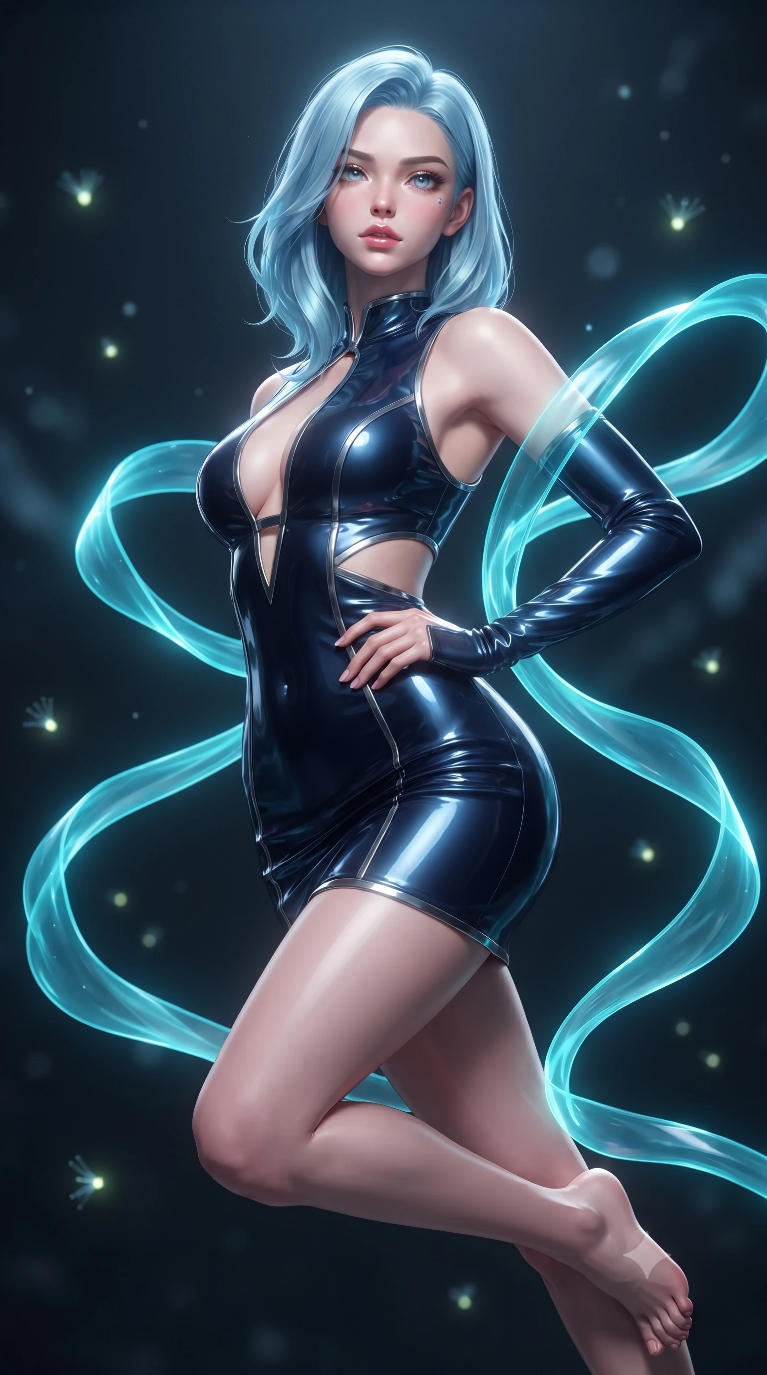 score_9, masterpiece, best quality, ultra-detailed, high-budget anime keyframe, editorial fashion photography, tasteful artistic composition, Korean woman. close-up cowboy shot from the waist and thighs up, the character dominates the composition, filling the frame with her large presence, background elements kept in soft focus. Holding a powerful dynamic pose with one hand on her hip and body angled dramatically toward the key light while floating dynamically in mid-air while weaving translucent cyan plasma ribbons around her body, glowing fiber optic motes drifting like fireflies in the dark background. She has an exceptionally elegant, slender, and willowy female figure with an ultra-slim waist, a gracefully sculpted slender torso, and a refined silhouette. sharp v-shaped jawline, high-bridge nose, intricate jewel-like eyes with depth, thick eyelashes, glossy lips with a natural sheen, flawlessly proportioned anatomical accuracy, natural body alignment, perfectly sculpted elegant limbs, clean dynamic posture without body distortion. wearing a liquid mercury gloss mini dress with ultra-deep V-neck and waist cutouts in midnight navy blue and chrome trim, tailored from high-gloss patent leather, accented with a Tasteful chest slit framing her clavicle gracefully, the glove-like fit emphasizing her statuesque silhouette during motion. surrounded by a vibrant fluorescent aura with bright specular rim lights. ultra-reflective glossy finish, specular highlights, metallic sheen, high-contrast stereoscopic depth, volumetric dynamic lighting, 2k, ultra detail, master piece, 9:16 ratio