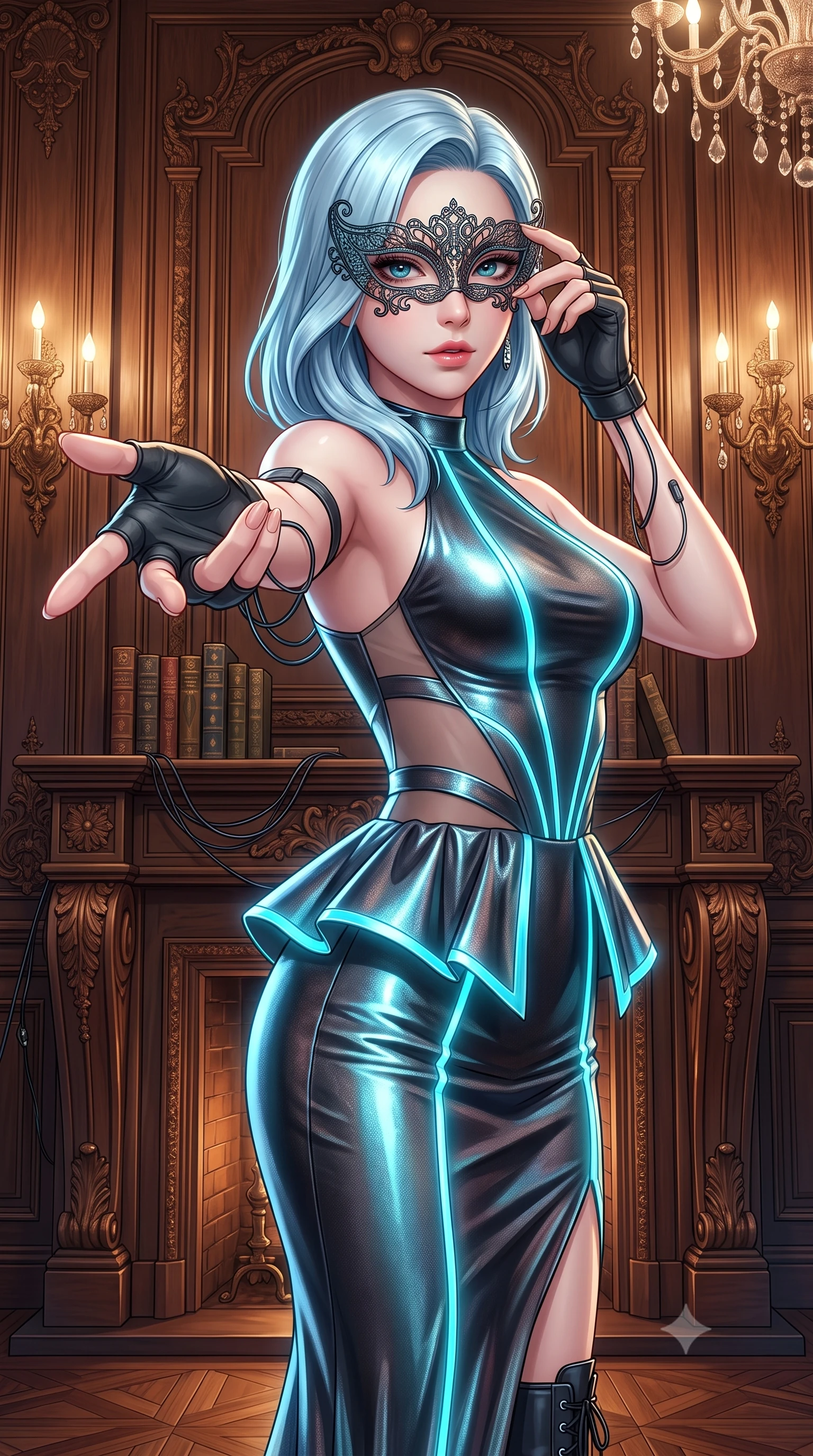 score_9, masterpiece, best quality, ultra-detailed, high-budget anime keyframe, semi-realistic 3D game render, editorial fashion photography, tasteful artistic composition, Korean woman. close-up cowboy shot from the waist and thighs up, the character dominates the composition, filling the frame with her large presence. extending one slender arm gracefully toward the foreground while casting an affectionate, mesmerizing glance while attending a lavish masquerade ball in an opulent baroque mansion, holding an intricate filigree lace mask to her captivating eyes. The surrounding environment is rendered in vivid detail and crisp panoramic clarity. detailed baroque fireplace mantels, concealed listening device wires, and antique book spines in high clarity. She has an exceptionally elegant, slender, and willowy female figure with an ultra-slim waist, a gracefully sculpted slender torso, toned flat midriff, and a refined slim silhouette. sharp v-shaped jawline, high-bridge nose, intricate jewel-like eyes with depth, thick eyelashes, glossy lips with a natural sheen, captivating and magnetic expression, flawlessly proportioned anatomical accuracy, strict slender model proportions, natural body alignment, perfectly sculpted long slender limbs, ultra-slim waistline, clean dynamic posture without body distortion. wearing a structural geometric peplum gown with sheer side-ribbon cutouts and form-fitting skirt in polished asphalt black and electric cyan LED lines, crafted from luxurious metallic lamé that shifts radiance with every step, complemented by tactical fingerless combat gloves and stiletto combat boots, the breezy yet form-flattering drape swaying gracefully with her steps, accentuating her long willowy limbs and slim waistline. surrounded by an enigmatic, enchanting, and lethal undercover spy duchess aura. highly saturated vibrant anime colors, detailed shading with soft gradients, rich glossy textures, high-contrast stereoscopic depth, volumetric dynamic lighting, master piece, 9:16 ratio