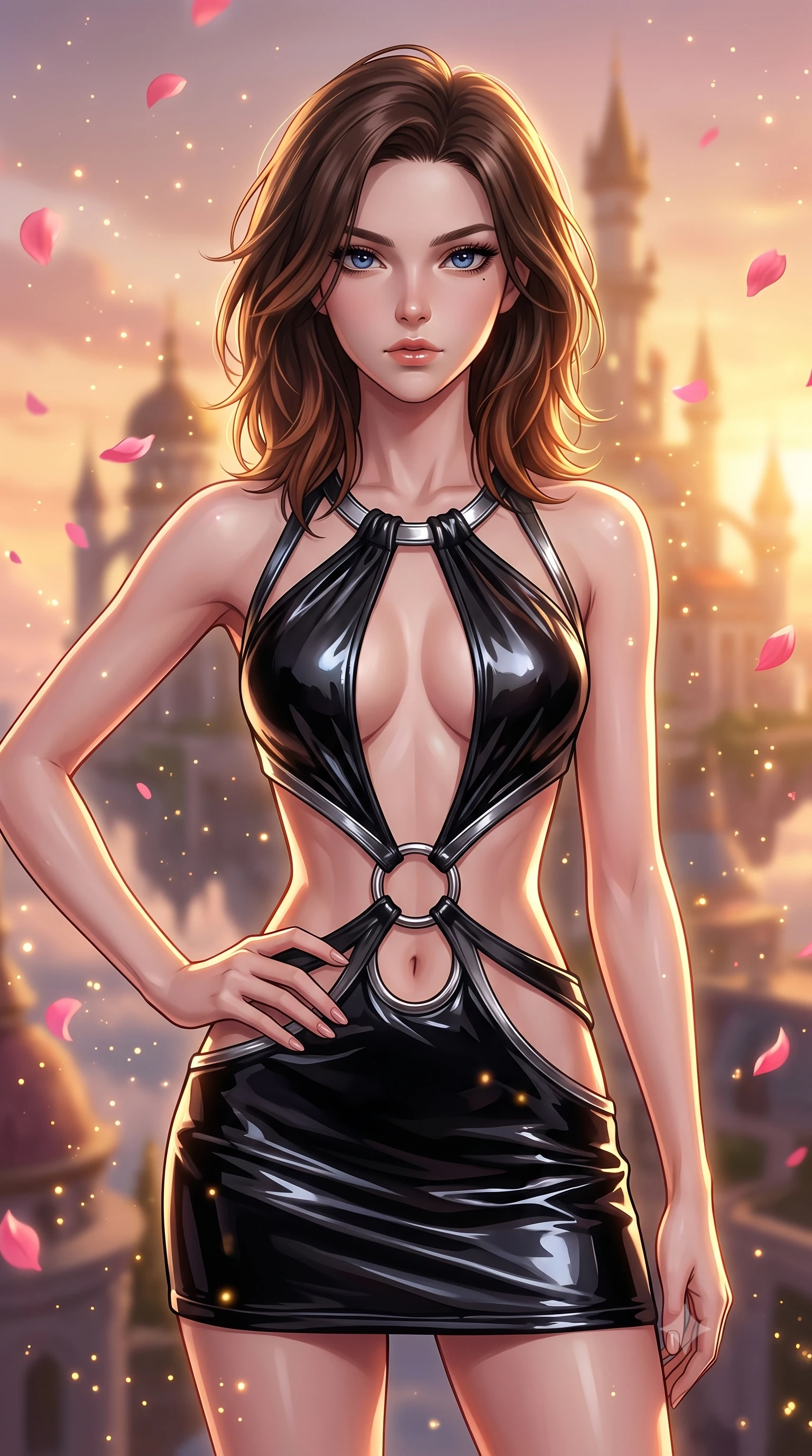 score_9, masterpiece, best quality, ultra-detailed, high-budget anime keyframe, editorial fashion photography, tasteful artistic composition, Korean woman. close-up cowboy shot from the waist and thighs up, the character dominates the composition, filling the frame with her large presence, background elements kept in soft focus. Holding a confident power pose with one hand on her hip, gazing directly into the camera with quiet intensity gazing out at a dreamlike palace archipelago suspended in golden hour light, floating rose petals and golden dust motes sparkling in the air. She has an exceptionally elegant, slender, and willowy female figure with an ultra-slim waist, a gracefully sculpted slender torso, and a refined silhouette. sharp v-shaped jawline, high-bridge nose, intricate jewel-like eyes with depth, thick eyelashes, glossy lips with a natural sheen. wearing a dramatic open-waist cutout mini dress framed by sculptural hardware in matte black and polished silver, tailored from high-gloss patent leather, accented with delicate chrome ring hardware framing her waist, the elegant draped fit framing her graceful clavicle and slender torso. illuminated by soft glowing sunset radiance with dramatic golden rim highlights. highly saturated vibrant anime colors, detailed shading with soft gradients, rich glossy textures, high-contrast stereoscopic depth, volumetric dynamic lighting, master piece, 9:16 ratio