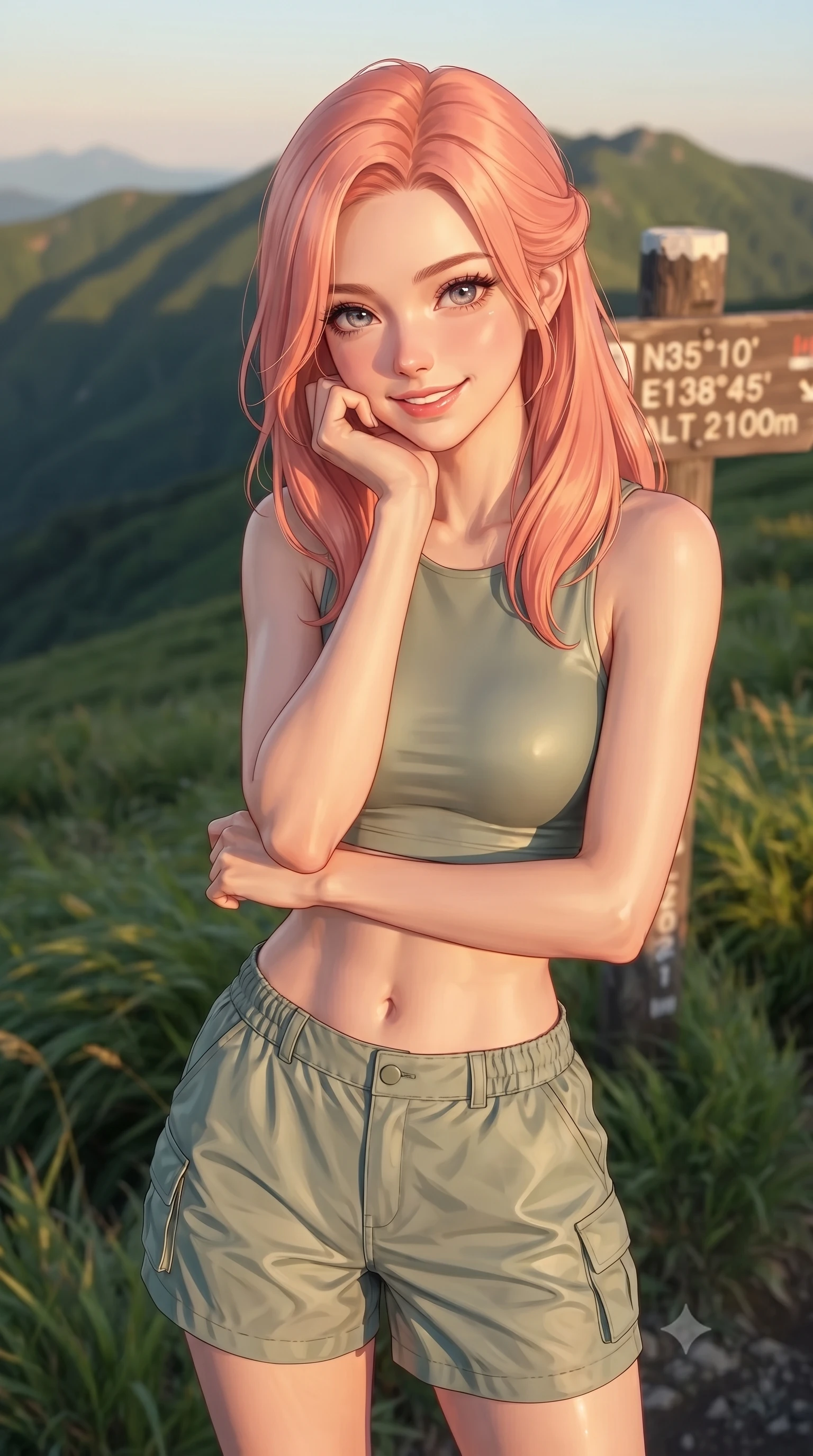 score_9, masterpiece, best quality, ultra-detailed, high-budget anime keyframe, editorial fashion photography, tasteful artistic composition, Japanese woman. close-up cowboy shot from the waist and thighs up, the character dominates the composition, filling the frame with her large presence, background elements kept in soft focus. smiling cutely while resting her chin on her hand, looking directly into the lens set against a soft-focus background of on a green slope of a highland mountain covered in wild mountain grass with a wooden trail marker sign showing coordinates behind her. She has an exceptionally elegant, slender, and willowy female figure with an ultra-slim waist, a gracefully sculpted slender torso, and a refined silhouette. sharp v-shaped jawline, high-bridge nose, intricate jewel-like eyes with depth, thick eyelashes, glossy lips with a natural sheen. wearing tailored stylish crop top in sage green, paired with lightweight cargo shorts. golden hour sunset light casting long shadows of mountain peaks across the slope. ultra-reflective glossy finish, specular highlights, metallic sheen, high-contrast stereoscopic depth, volumetric dynamic lighting, 2k, ultra detail, master piece, 9:16 ratio