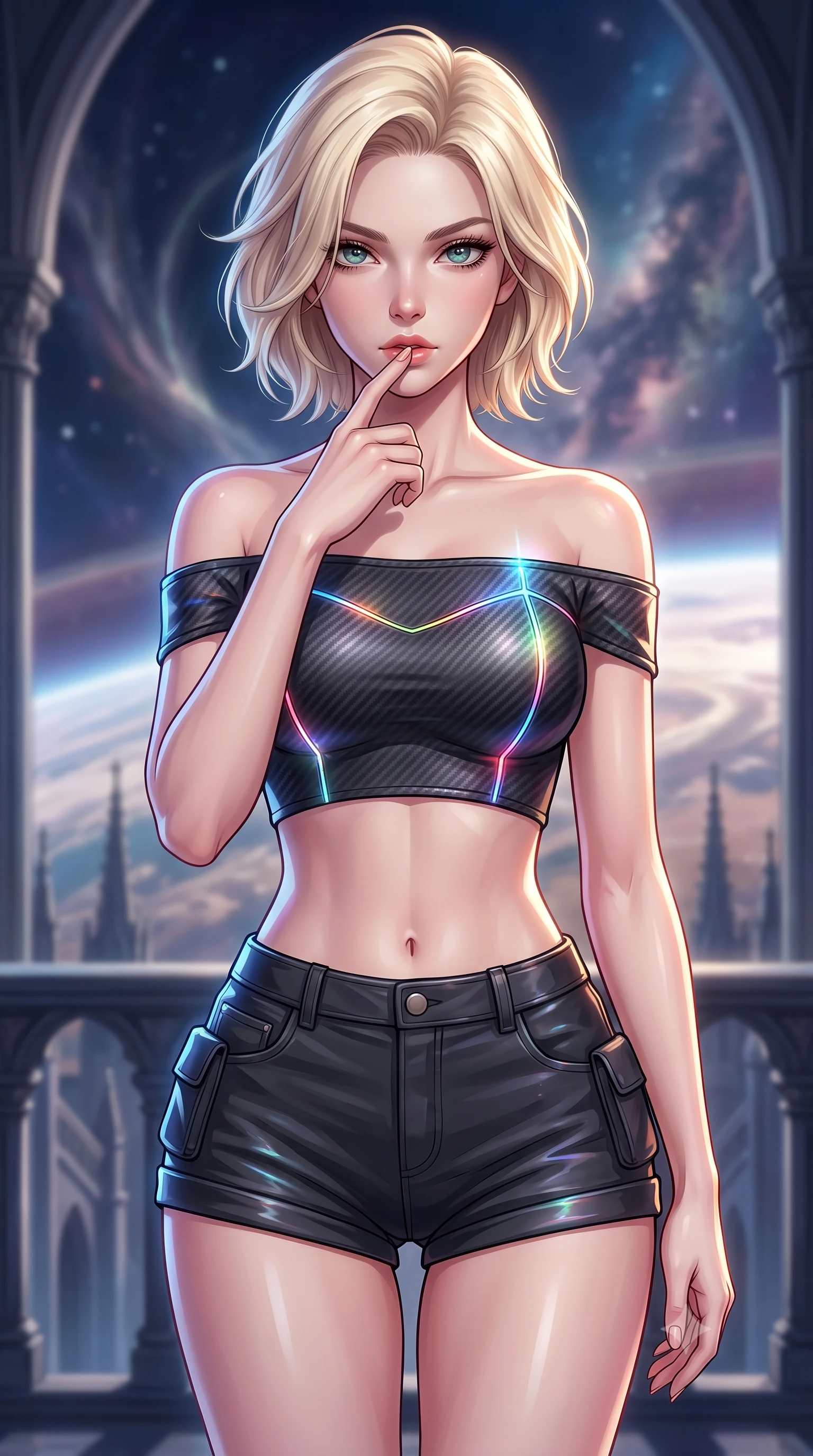 score_9, masterpiece, best quality, ultra-detailed, high-budget anime keyframe, editorial fashion photography, tasteful artistic composition, Caucasian woman. close-up cowboy shot from the waist and thighs up, the character dominates the composition, filling the frame with her large presence, background elements kept in soft focus. pressing one finger to her bottom lip in a thoughtful, composed gesture, locking eyes with the viewer, the background shows a soft-focus a space cathedral balcony overlooking planetary dust and cloud rings. She has an exceptionally elegant, slender, and willowy female figure with an ultra-slim waist, a gracefully sculpted slender torso, and a refined silhouette. sharp v-shaped jawline, high-bridge nose, intricate jewel-like eyes with depth, thick eyelashes, glossy lips with a natural sheen. wearing a form-contouring chic off-shoulder carbon-plate crop top, paired with high-waisted utility micro-shorts. brilliant cosmic flares tracing the contours of her carbon armor. highly saturated vibrant anime colors, detailed shading with soft gradients, rich glossy textures, high-contrast stereoscopic depth, volumetric dynamic lighting, master piece, 9:16 ratio