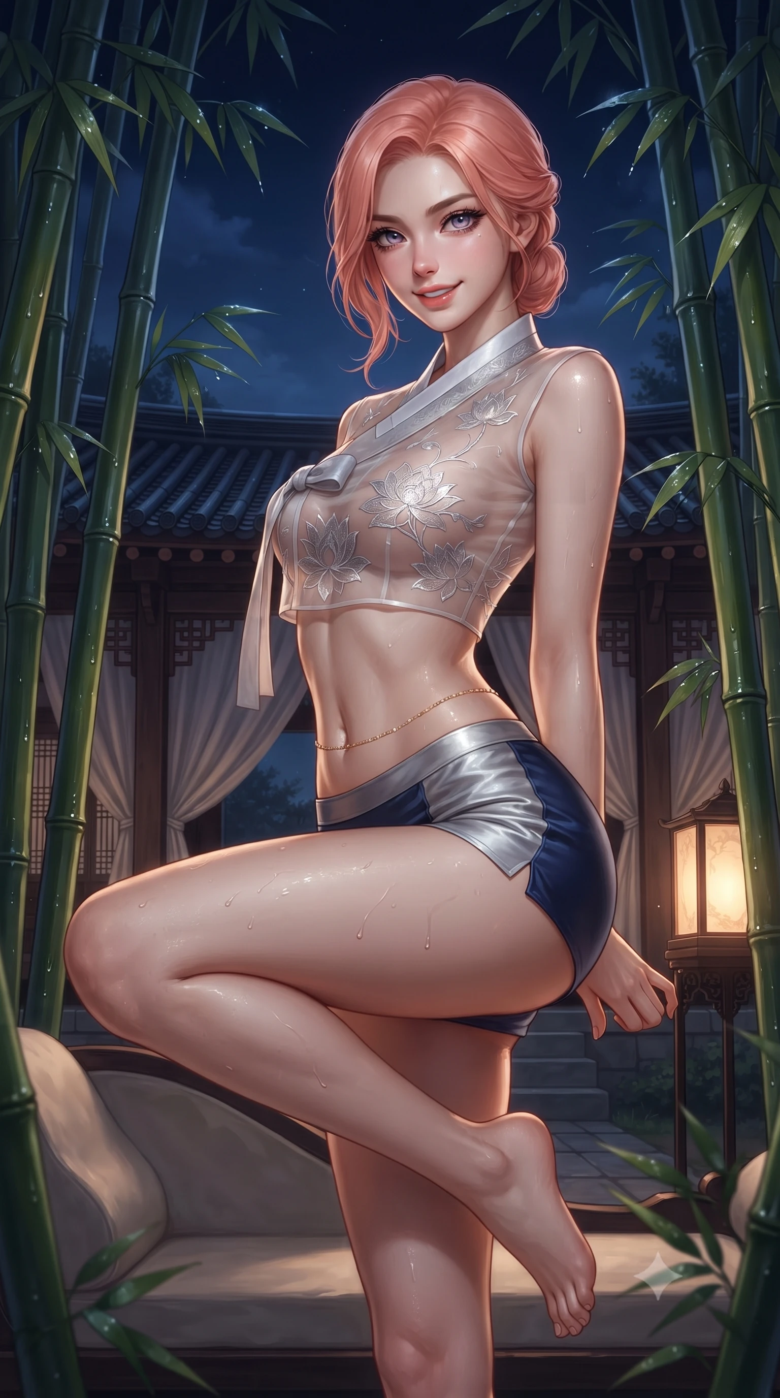 score_9, masterpiece, best quality, ultra-detailed, high-budget anime keyframe, editorial fashion photography, tasteful artistic composition, Japanese woman. close-up cowboy shot from the waist and thighs up, the character dominates the composition, filling the frame with her large presence. perched sideways on the lounge seat, one knee drawn up to showcase her slender leg line while her arched back accentuates her feminine hip curve while standing poised between towering bamboo stalks with hips cocked back, arching her spine with seductive dancer grace under the midnight sky. The surrounding environment is rendered in vivid detail and crisp panoramic clarity: detailed silk satin fabric drape, dewy moisture on skin, and serene courtyard architecture in high resolution. She has an exceptionally elegant, slender, and willowy female figure with an ultra-slim waist, flat toned midriff, narrow ribcage, and sculpted feminine hips creating an alluring, slim hourglass silhouette without bulk. sharp v-shaped jawline, high-bridge nose, sparkling eyes with hypnotic seductive depth, thick curled eyelashes, glossy parted lips with a natural dewy peach sheen, alluring bedroom-eyes with an enchanting coquettish smile, exuding magnetic siren charisma and sophisticated glamour, flawlessly proportioned anatomical accuracy, strict slender model proportions, natural body alignment, perfectly sculpted long slender limbs, ultra-slim waistline, clean dynamic posture without body distortion. wearing a form-contouring sheer organza hanbok bodice with delicate lotus embroidery paired with low-rise silk hot-pants in metallic liquid silver and deep sapphire navy, made of delicate semi-sheer Korean gossamer organza with subtle pearlescent glints, finished with a dainty gold belly chain resting across her flat midriff and curving hips, the high-slit wrap tailoring accentuating her ultra-slim waistline and the enchanting curve of her feminine hips with alluring seductive charm. illuminated by soft lantern warm fill and sharp silvery rim lighting defining her collarbones, flat midriff, and curvaceous hips. ultra-reflective glossy finish, specular highlights, rich textural contrasts, high-contrast stereoscopic depth, volumetric dynamic lighting, 2k, ultra detail, master piece, 9:16 ratio